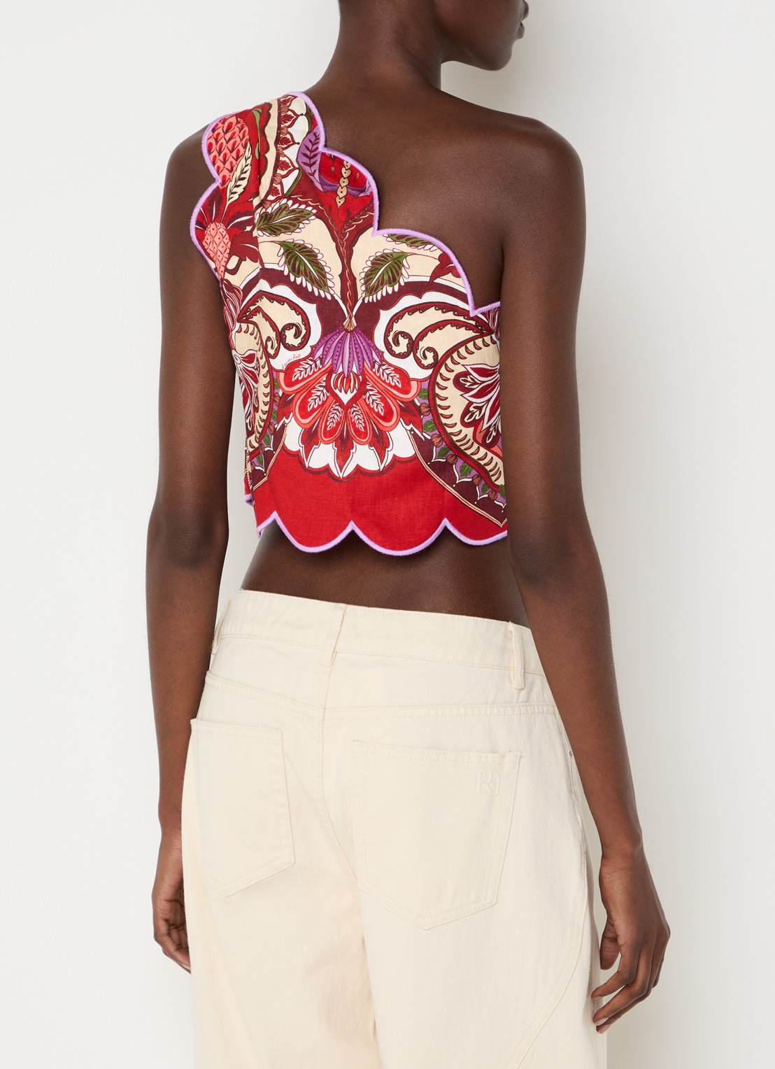 Farm Rio Cropped one shoulder top in linnenblend met print - achterkant 3 rood