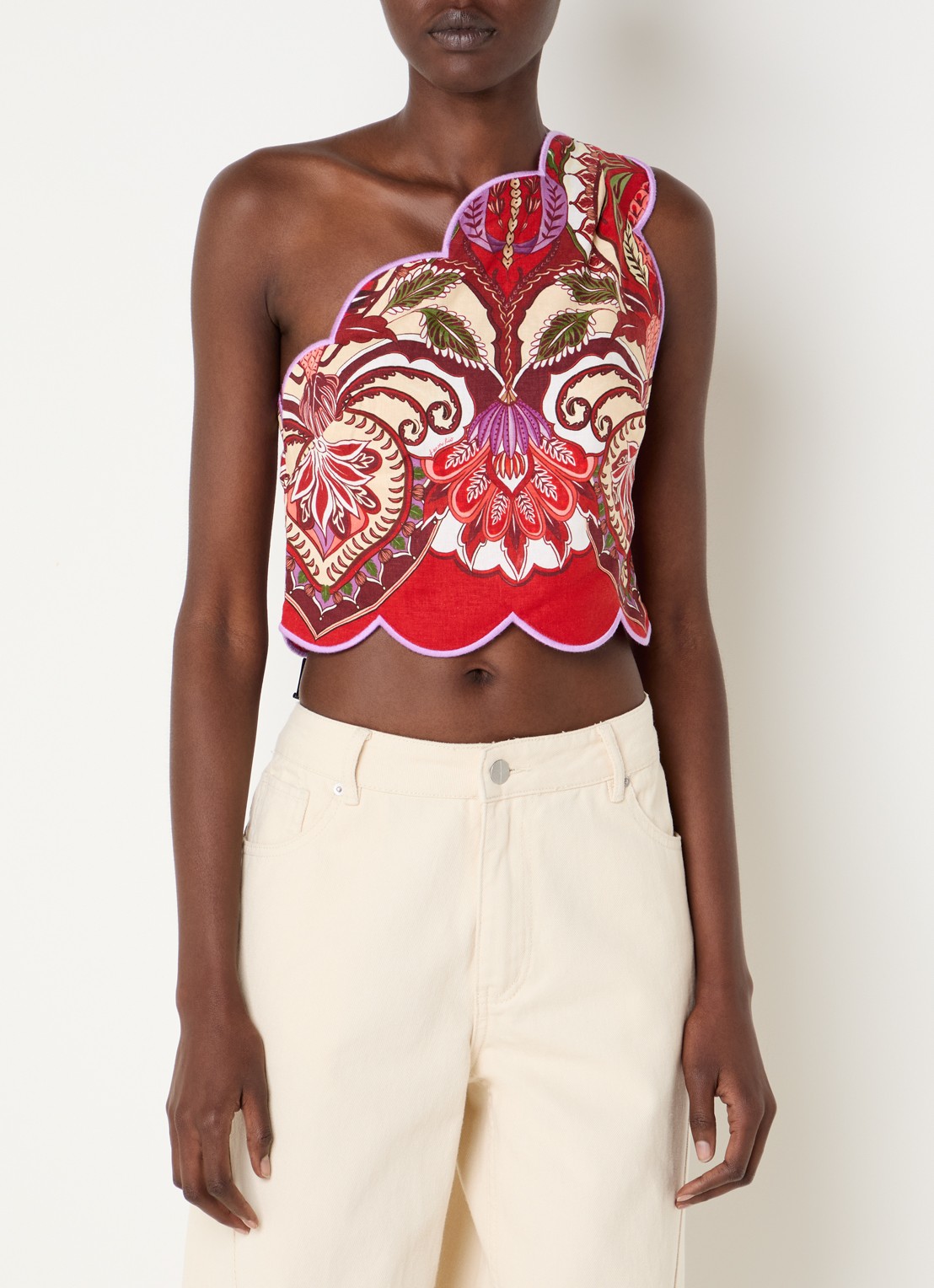 Farm Rio Cropped one shoulder top in linnenblend met print - detail 4 rood