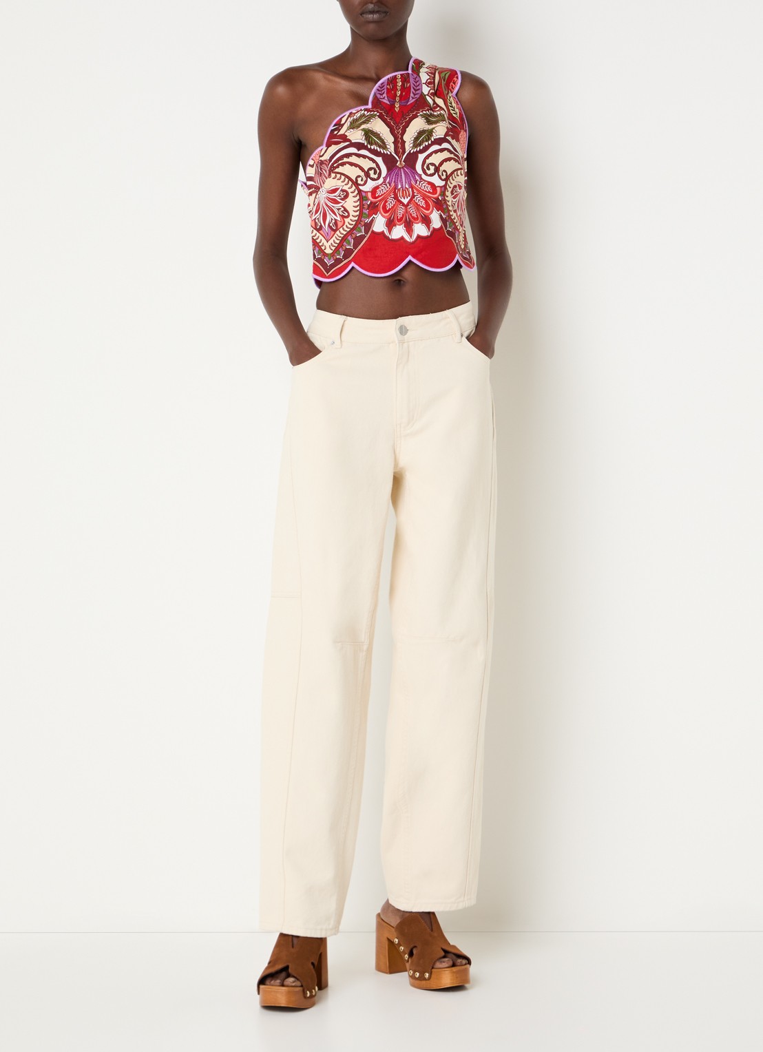 Farm Rio Cropped one shoulder top in linnenblend met print - voorkant 2 rood