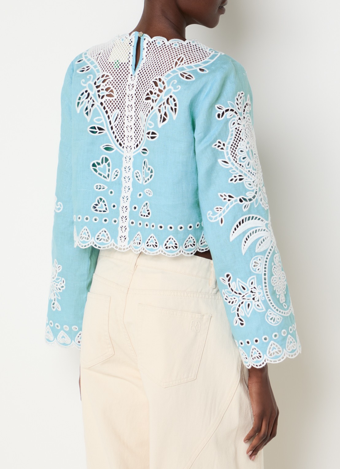 Farm Rio Cropped tuniek van linnen met broderie - achterkant aquablauw
