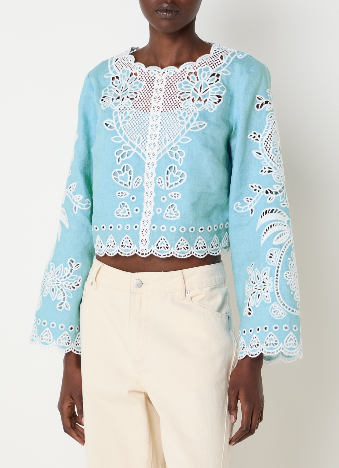 Farm Rio Cropped tuniek van linnen met broderie - detail 4 aquablauw