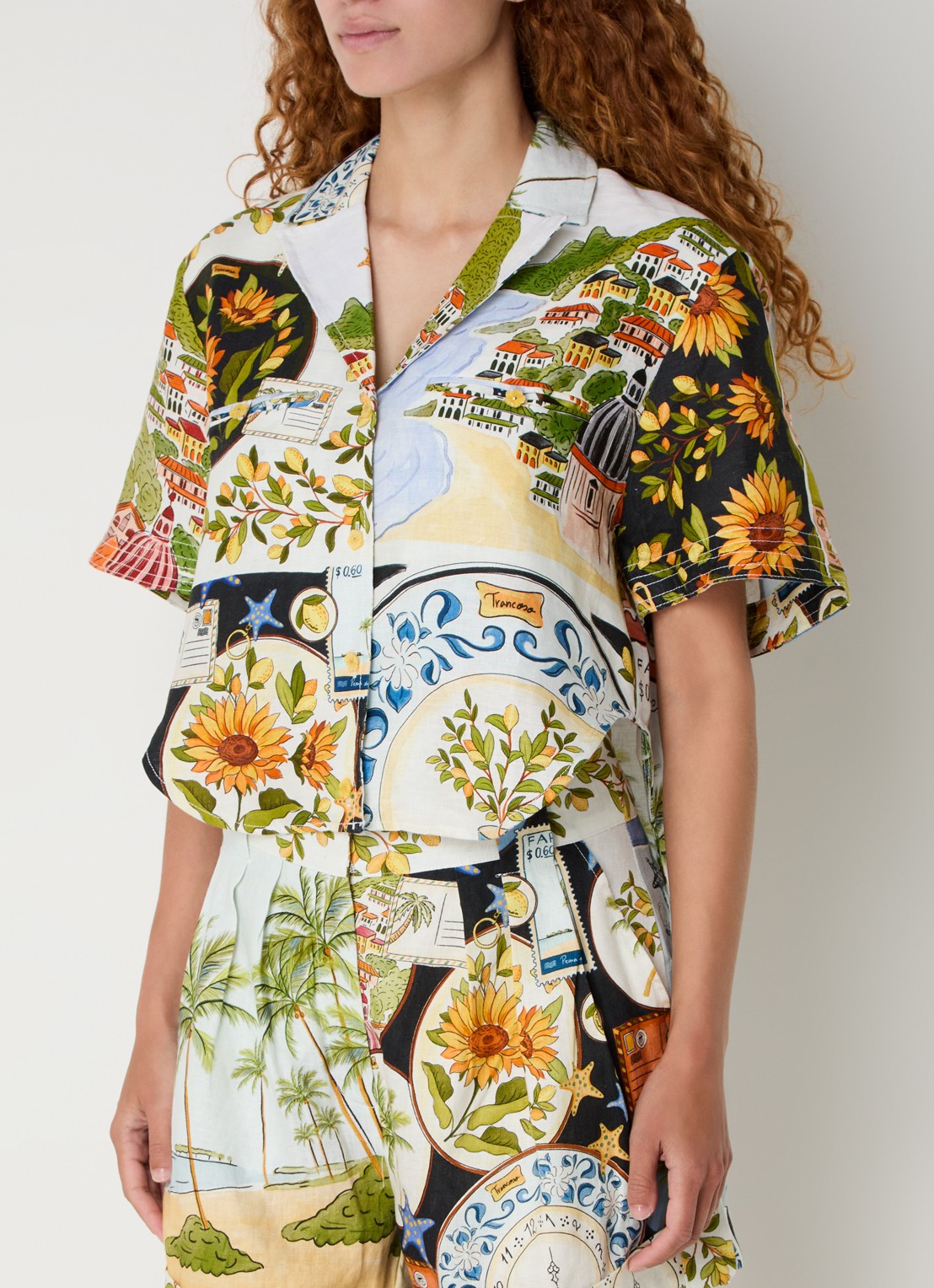Farm Rio Croppped blouse van linnen met print - detail 4 beige