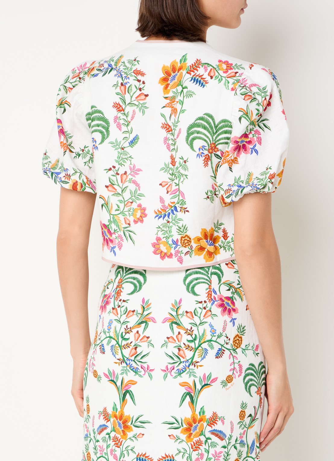 Farm Rio Delicate Forest cropped blouse van linnen met bloemenprint - achterkant 3 gebroken wit
