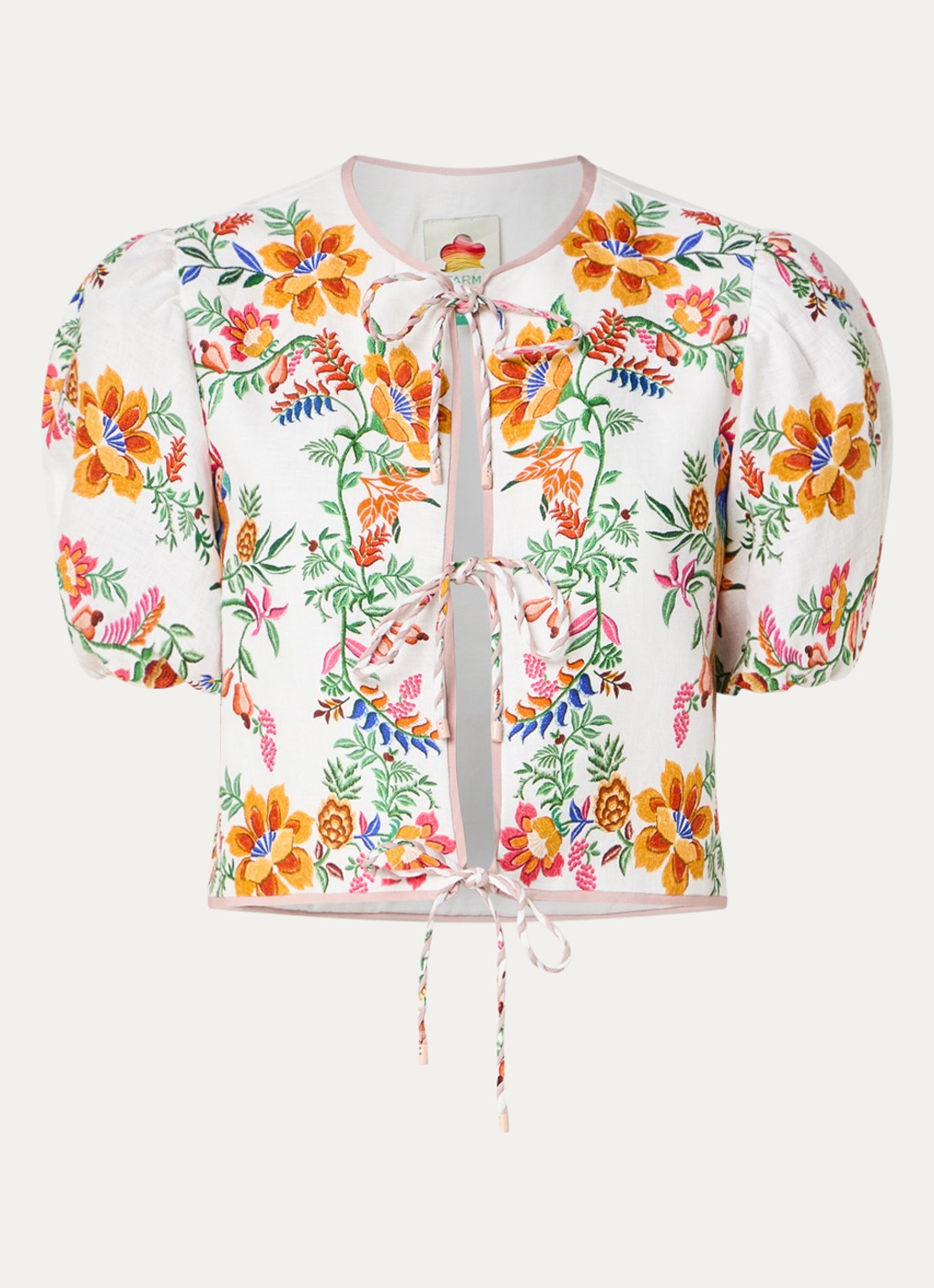 Farm Rio Delicate Forest cropped blouse van linnen met bloemenprint - voorkant gebroken wit