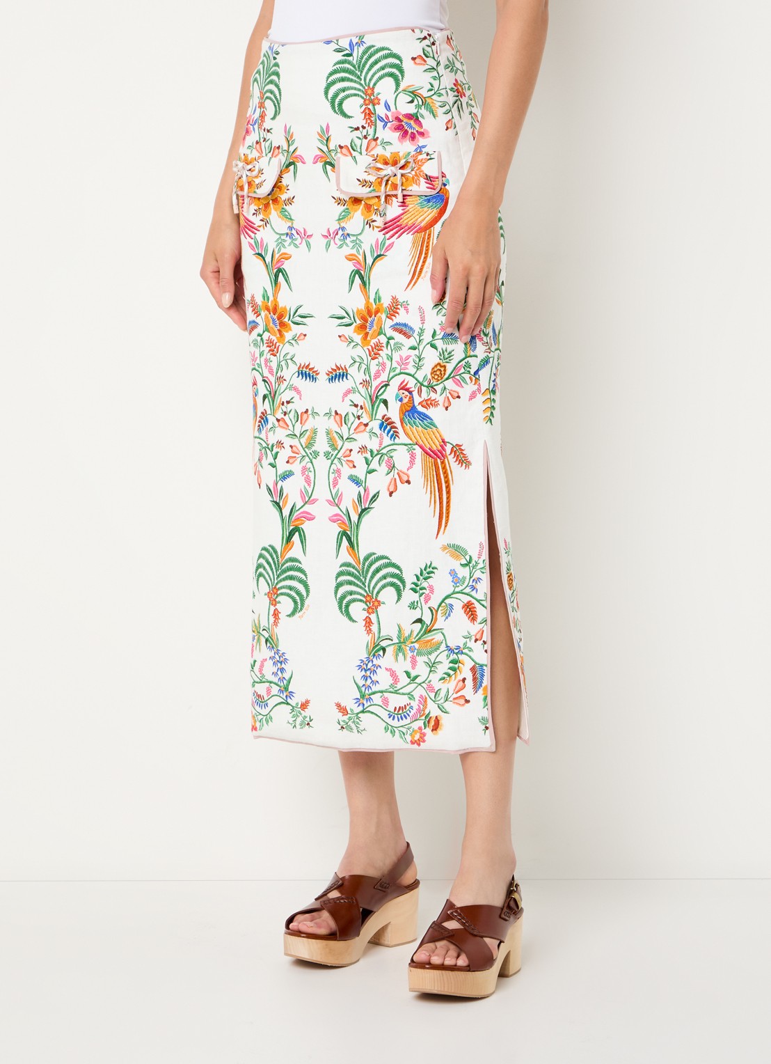Farm Rio Delicate Forest midi rok van linnen met bloemenprint - detail 3 gebroken wit