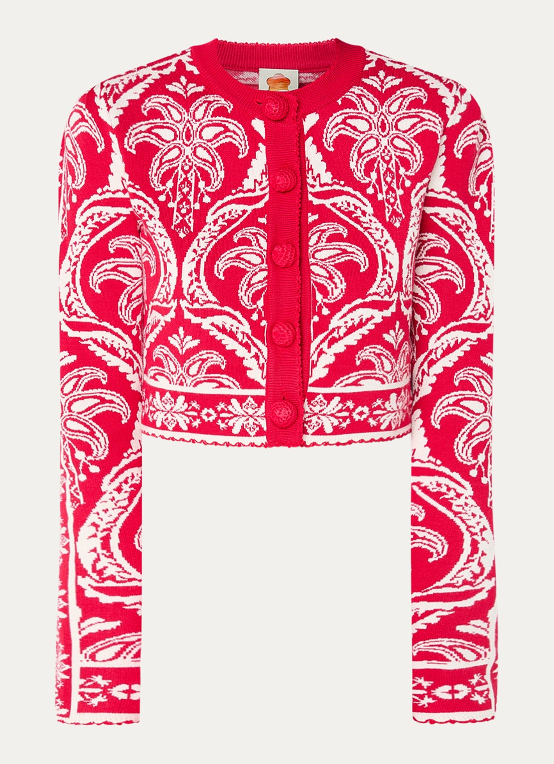 Farm Rio Fijngebreid cropped vest met print - voorkant 2 rood