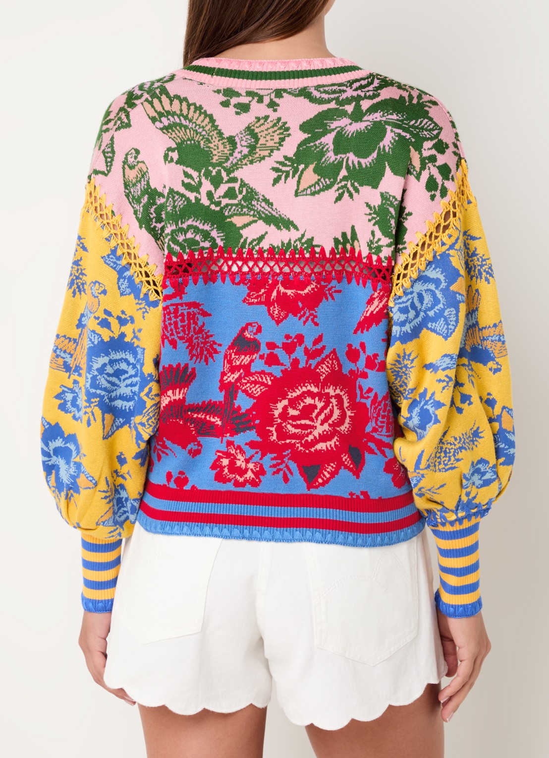 Farm Rio Fijngebreid vest met bloemenprint en opengewerkt detail - achterkant 5 roze