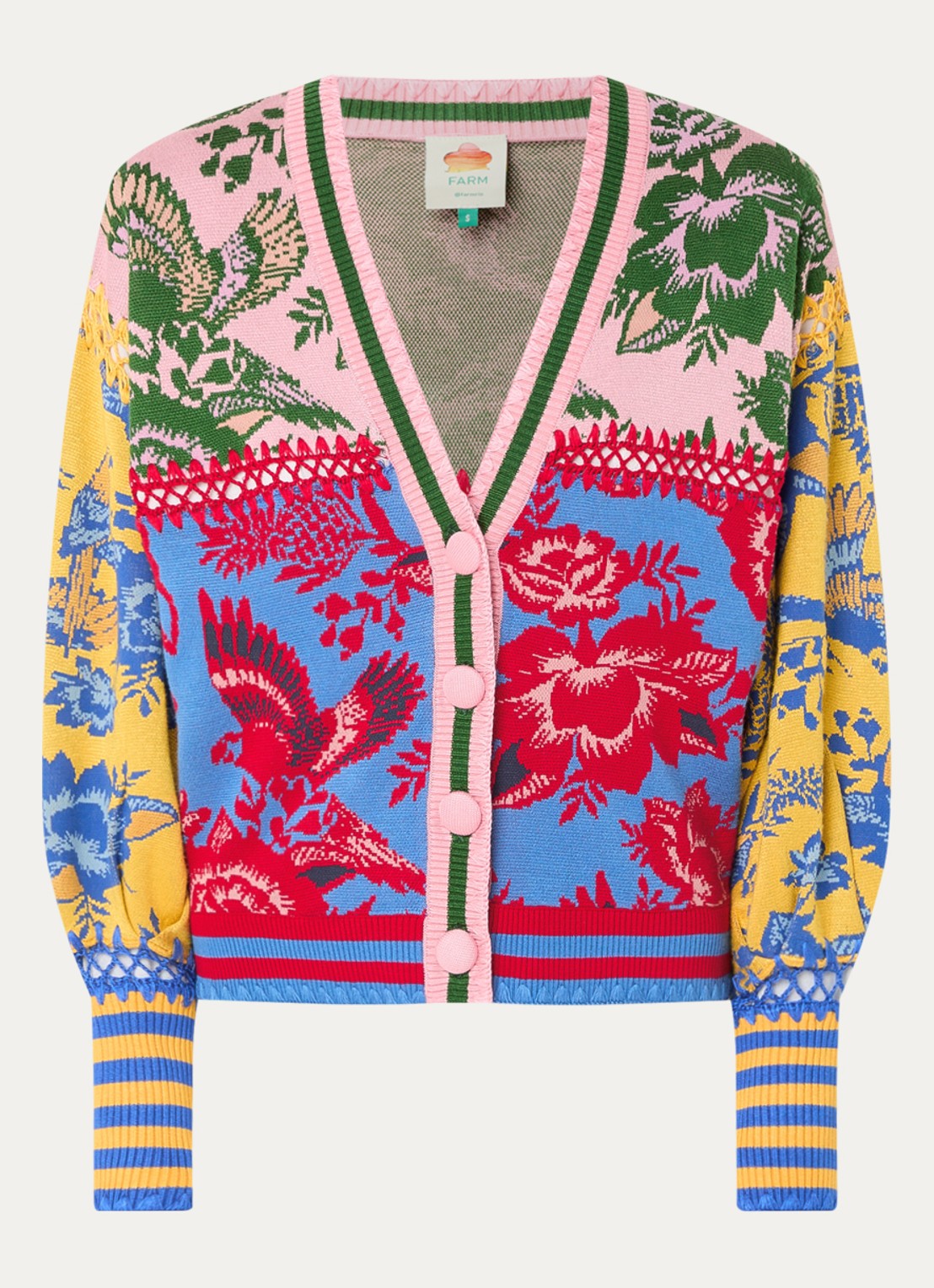 Farm Rio Fijngebreid vest met bloemenprint en opengewerkt detail - voorkant roze