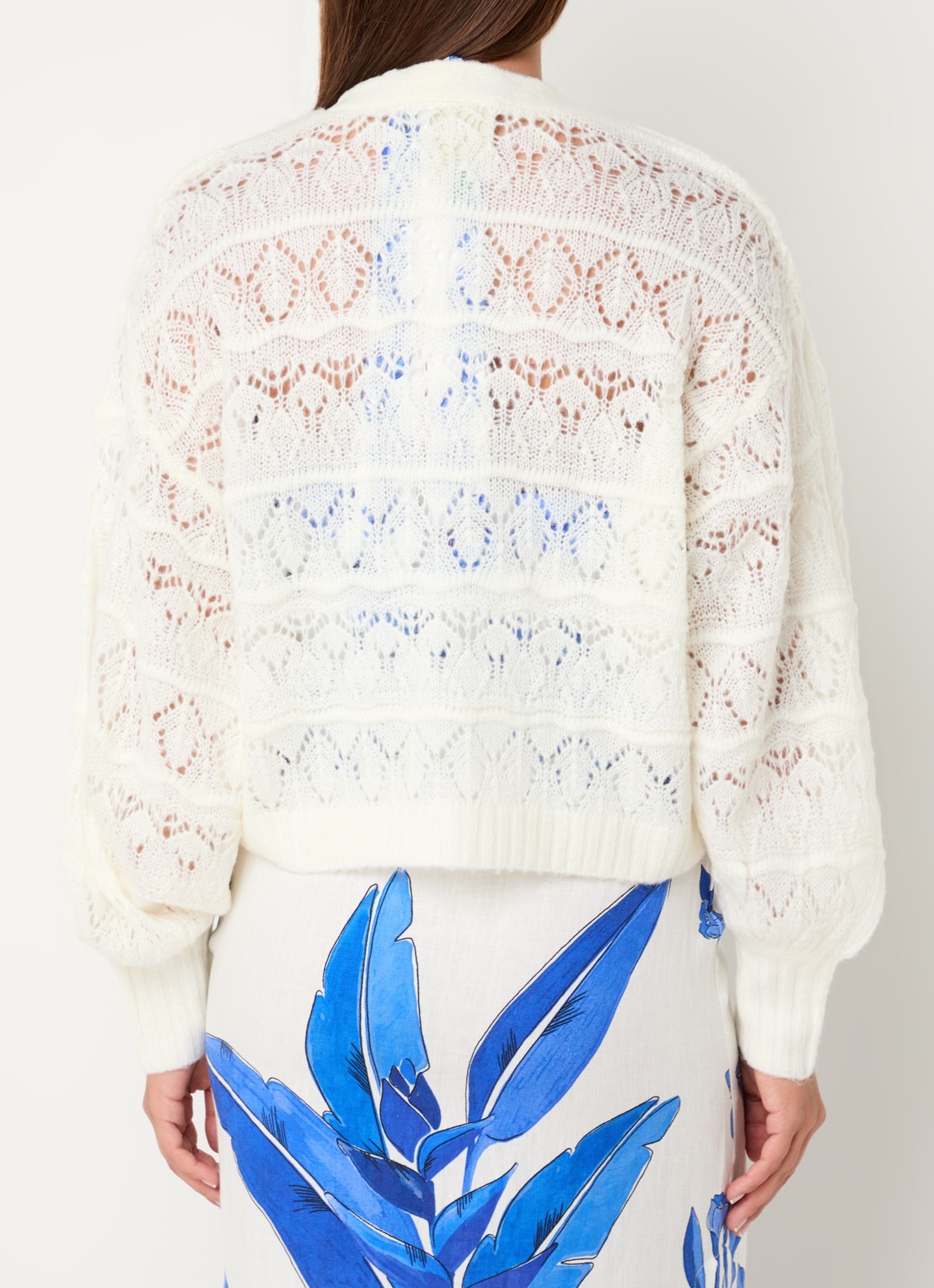 Farm Rio Fijngebreid vest met opengewerkt dessin - achterkant gebroken wit