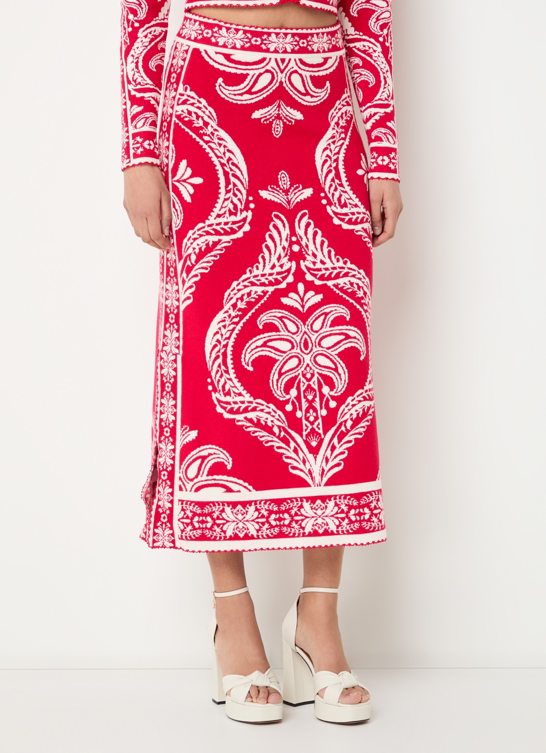 Farm Rio Fijngebreide midi rok met print - detail rood
