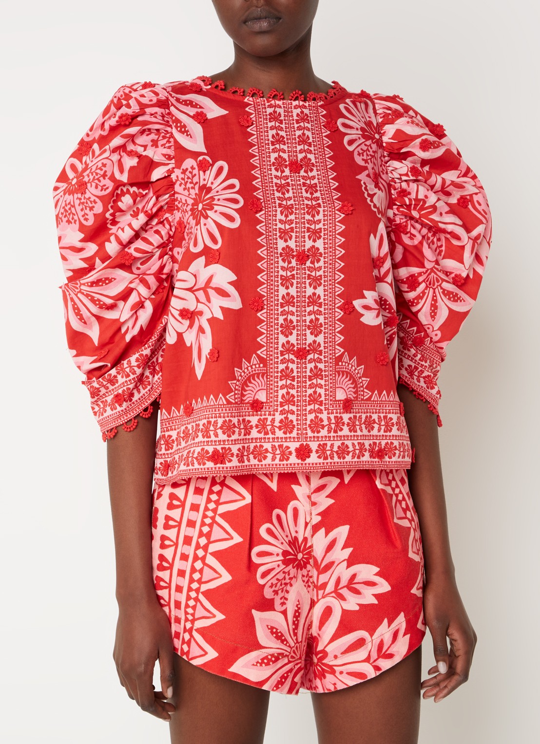 Farm Rio Flora tuniek met print en pofmouw - detail 2 koraalrood