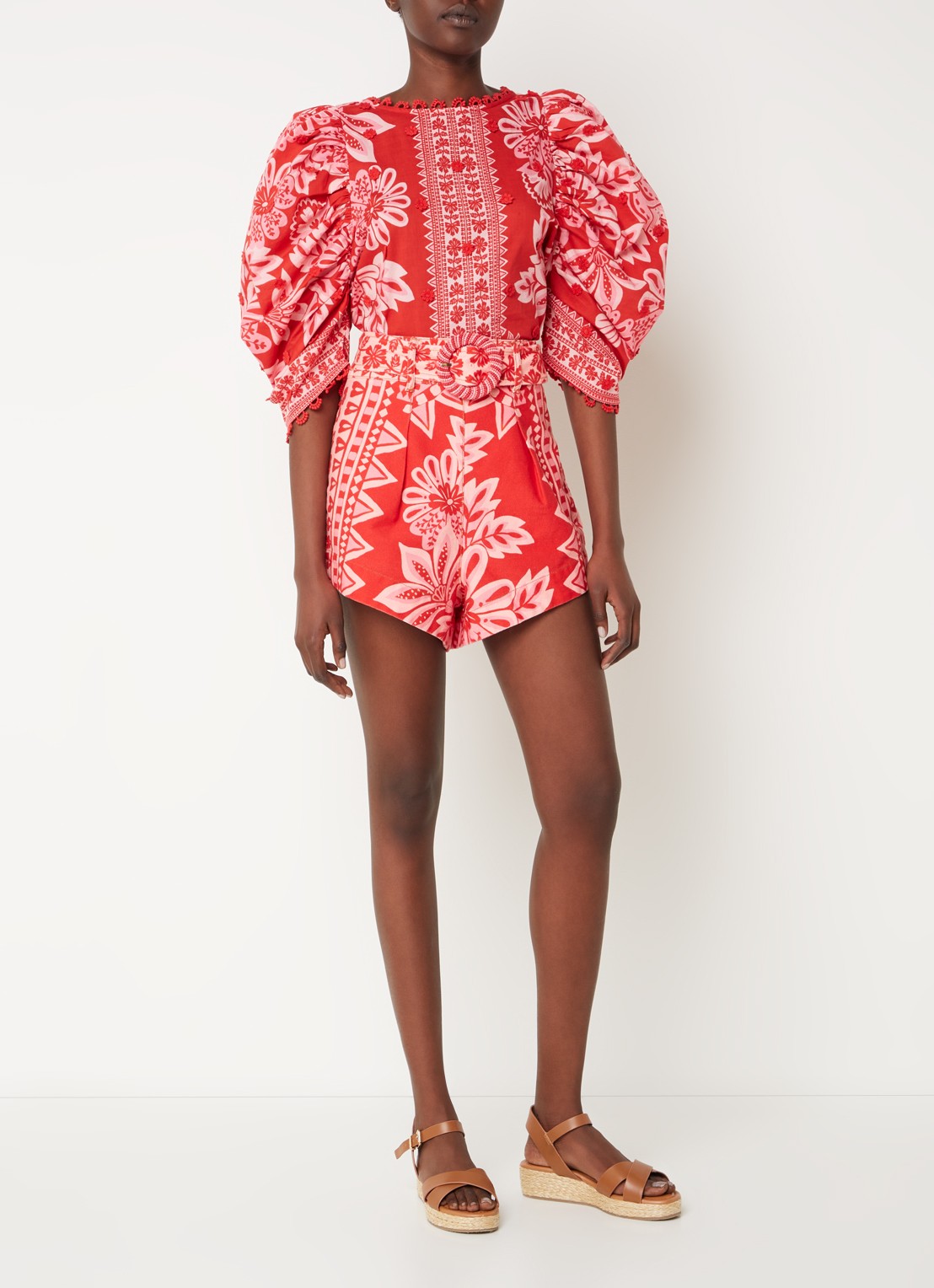 Farm Rio Flora tuniek met print en pofmouw - voorkant 5 koraalrood