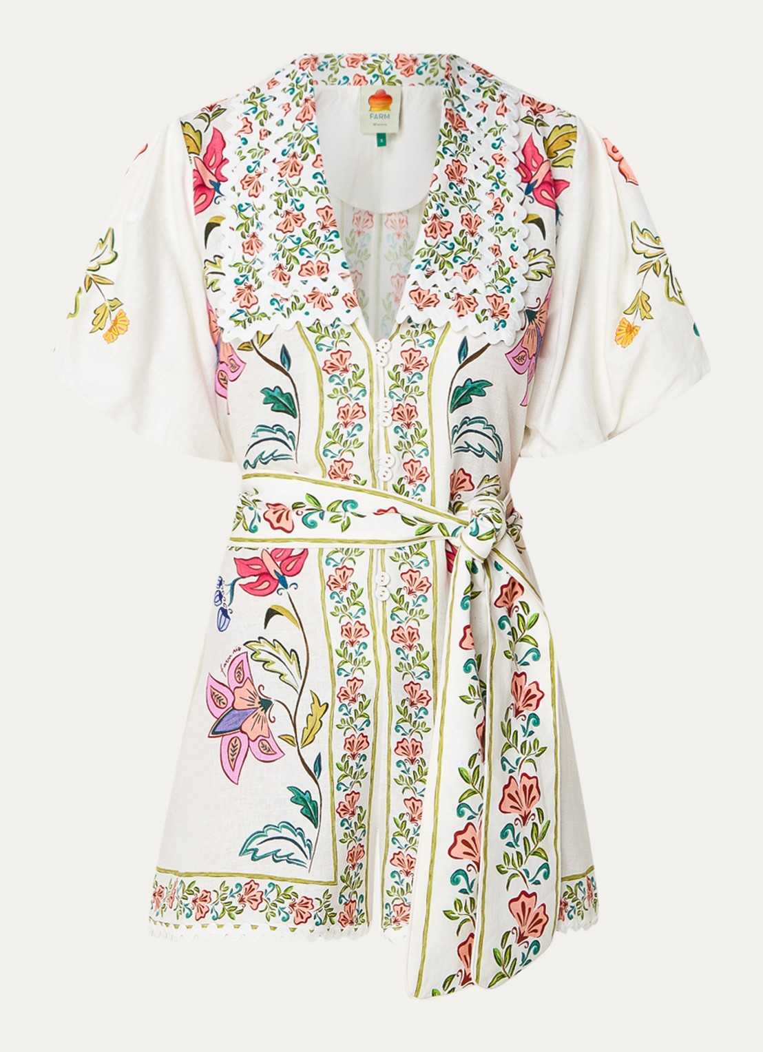 Farm Rio Floral Insects loose fit playsuit in linnenblend met strikceintuur - voorkant 2 gebroken wit