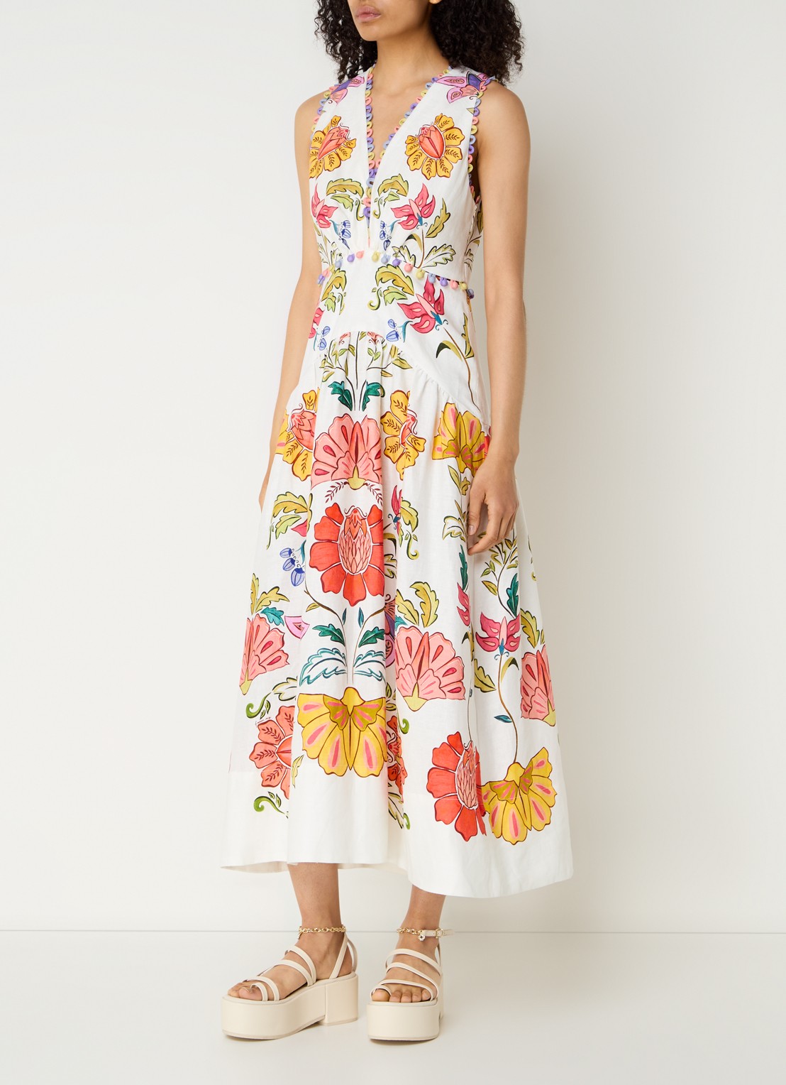 Farm Rio Floral Insects midi jurk van linnen met bloemenprint - detail 4 gebroken wit