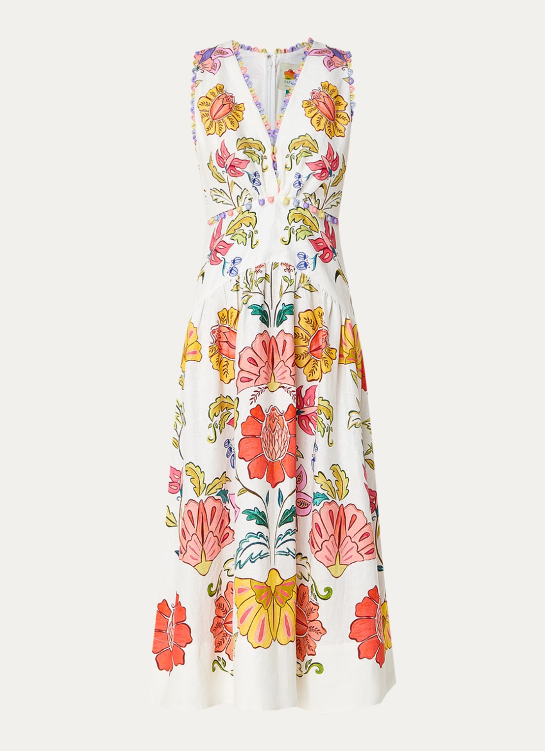 Farm Rio Floral Insects midi jurk van linnen met bloemenprint - voorkant 2 gebroken wit