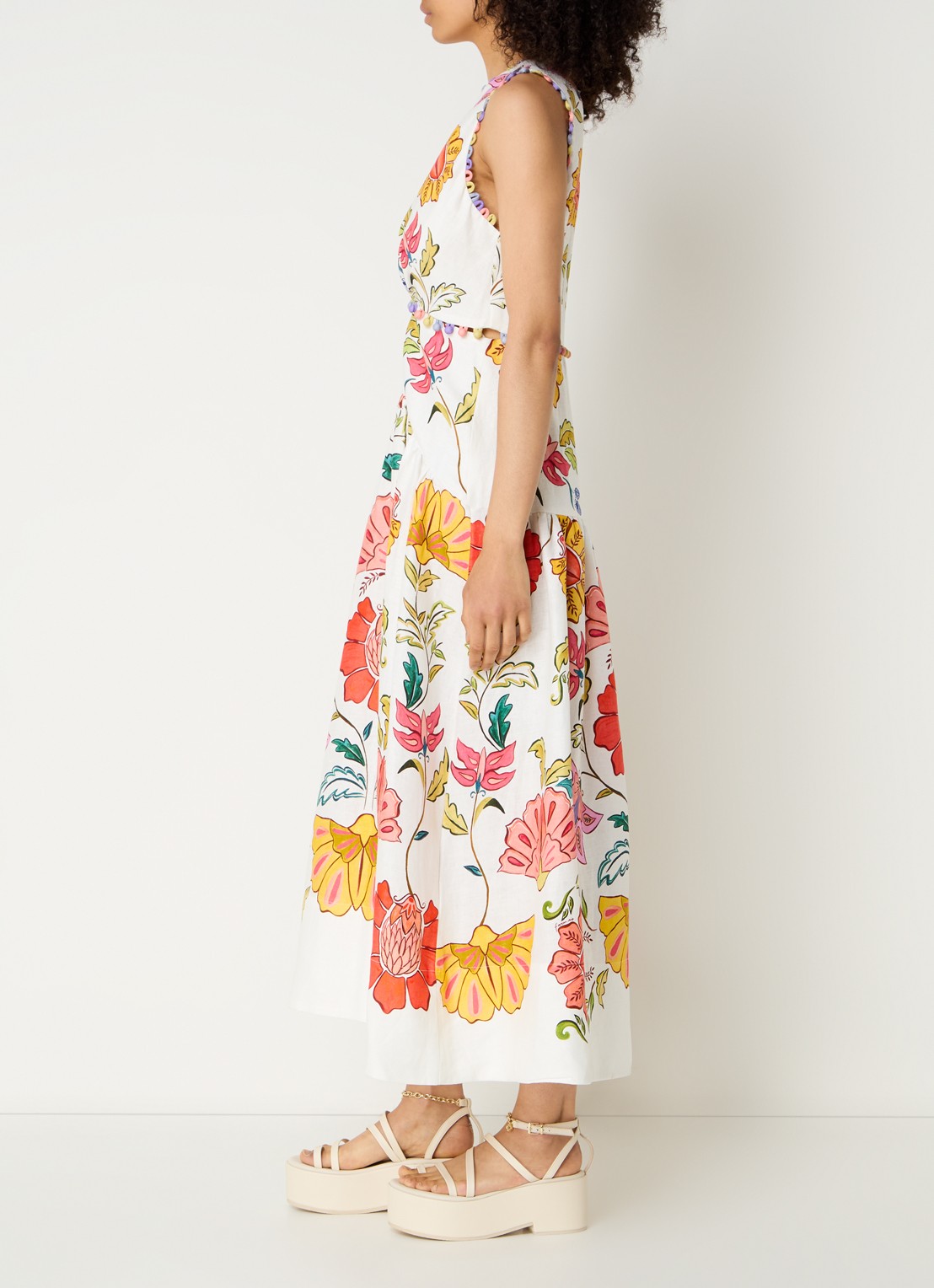 Farm Rio Floral Insects midi jurk van linnen met bloemenprint - voorkant 3 gebroken wit