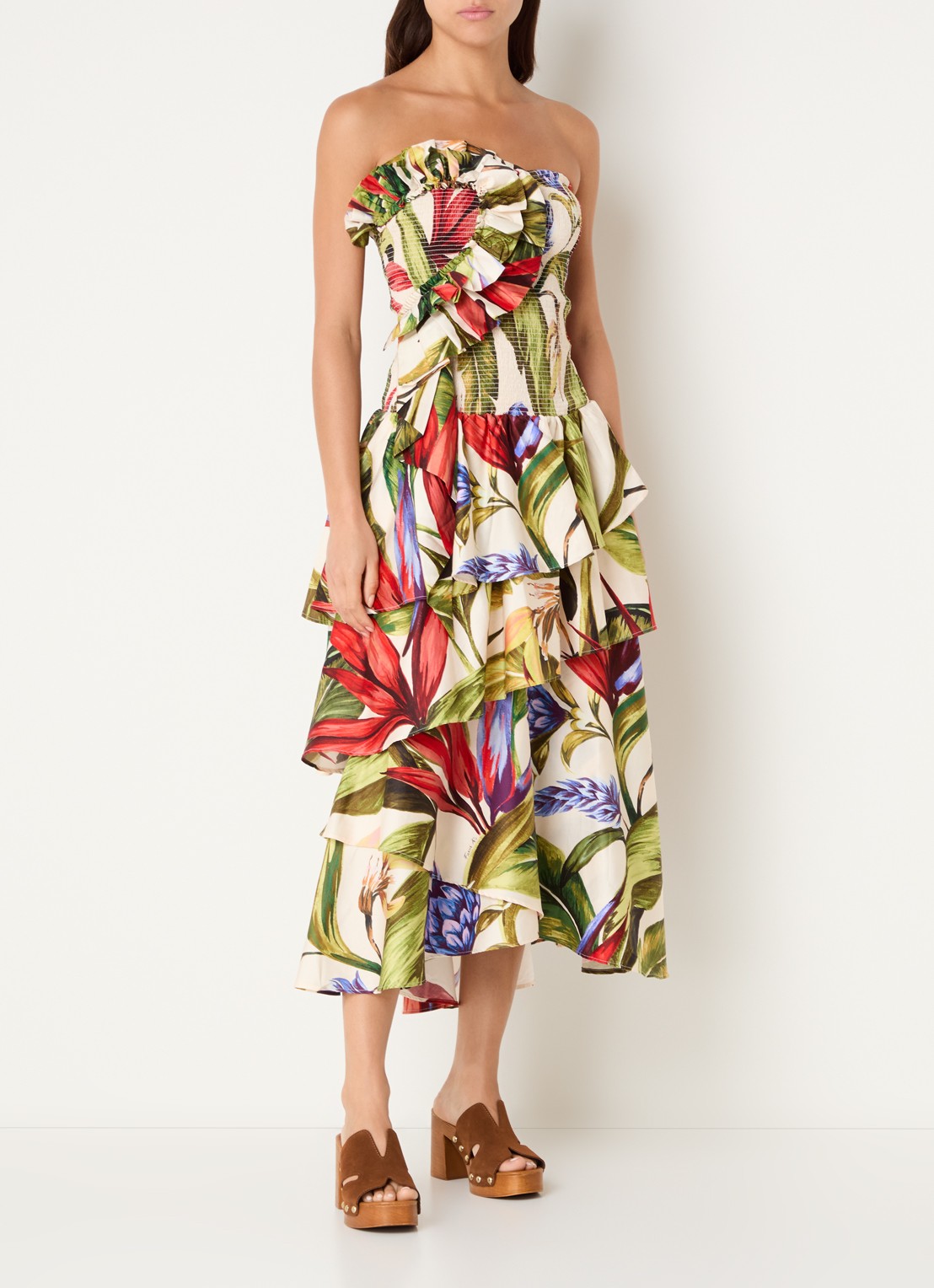 Farm Rio Florart midi jurk met volant - detail gebroken wit