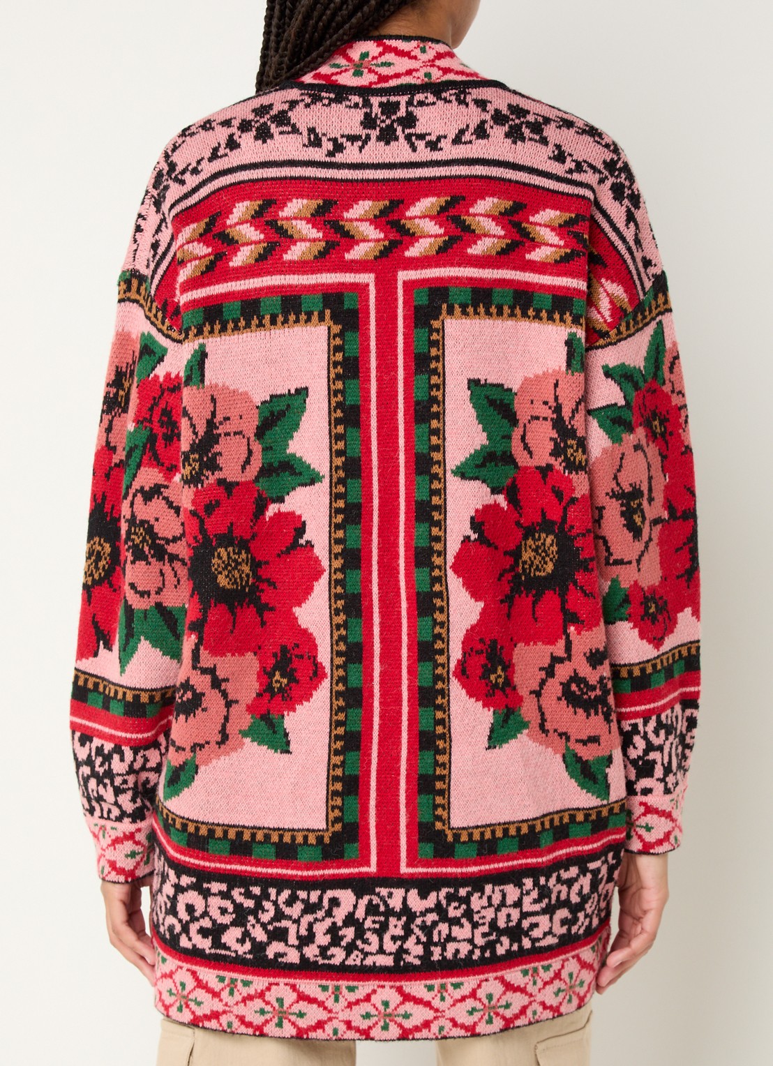 Farm Rio Flower fijngebreid vest in wolblend met bloemenprint - achterkant roze