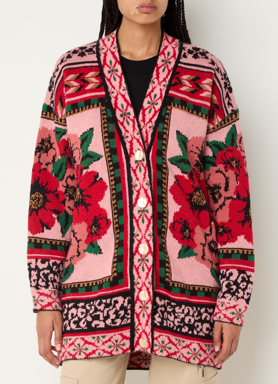 Farm Rio Flower fijngebreid vest in wolblend met bloemenprint - detail 2 roze