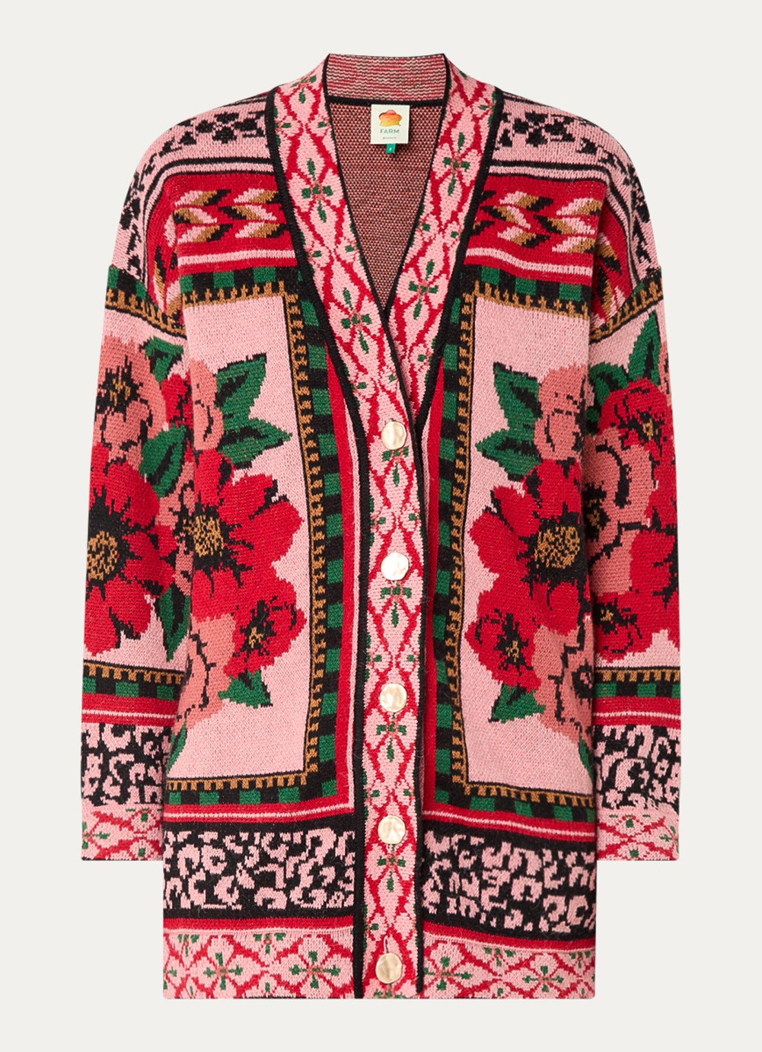 Farm Rio Flower fijngebreid vest in wolblend met bloemenprint - voorkant 4 roze
