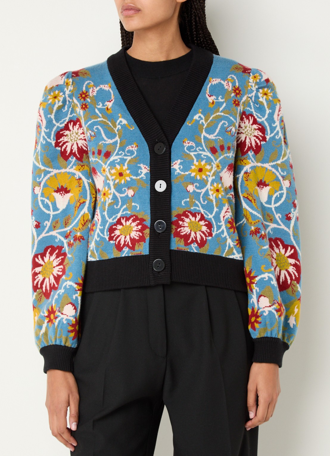 Farm Rio Flowing fijngebreid vest met bloemenprint - detail 4 blauw
