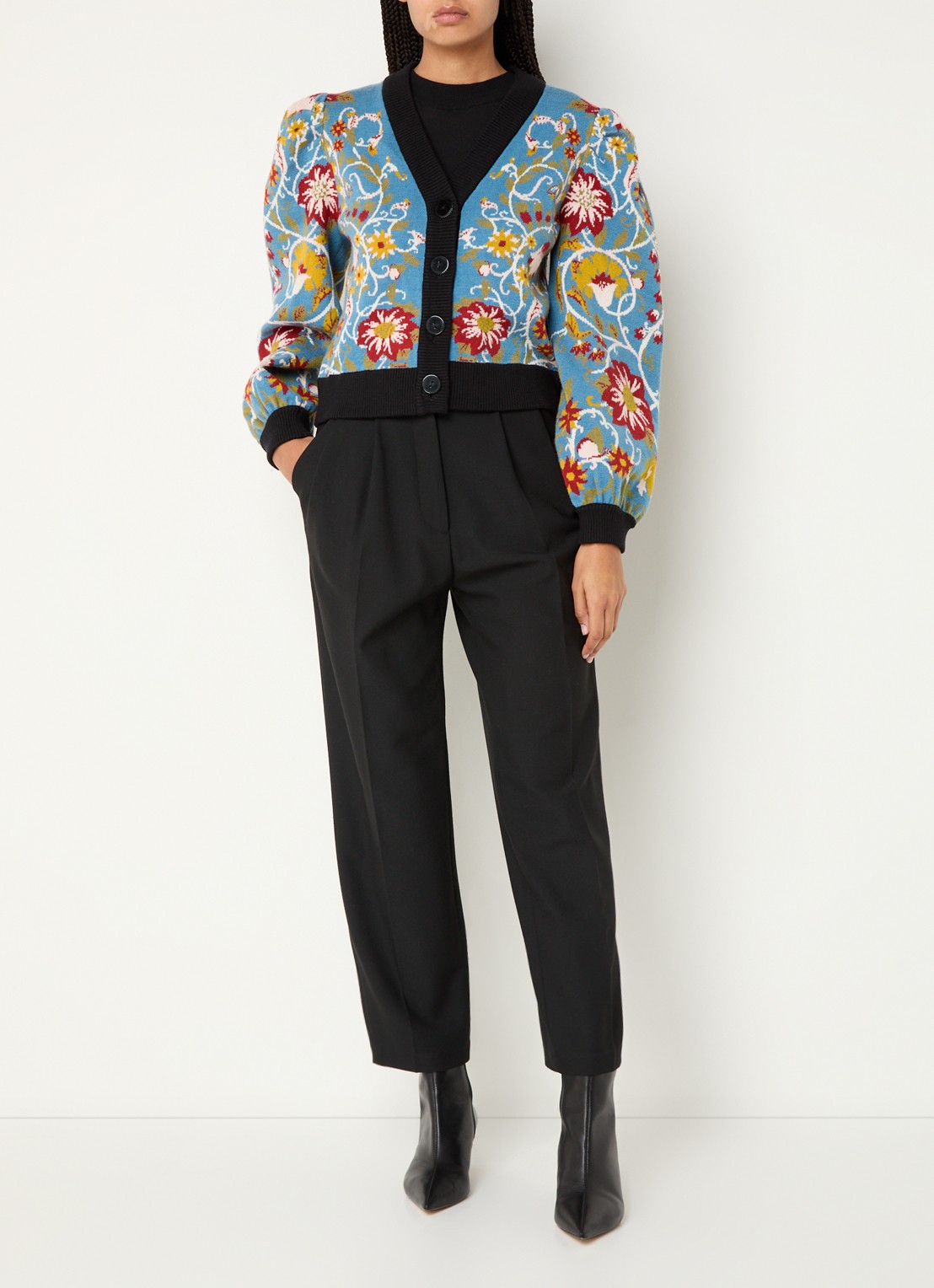 Farm Rio Flowing fijngebreid vest met bloemenprint - voorkant 3 blauw