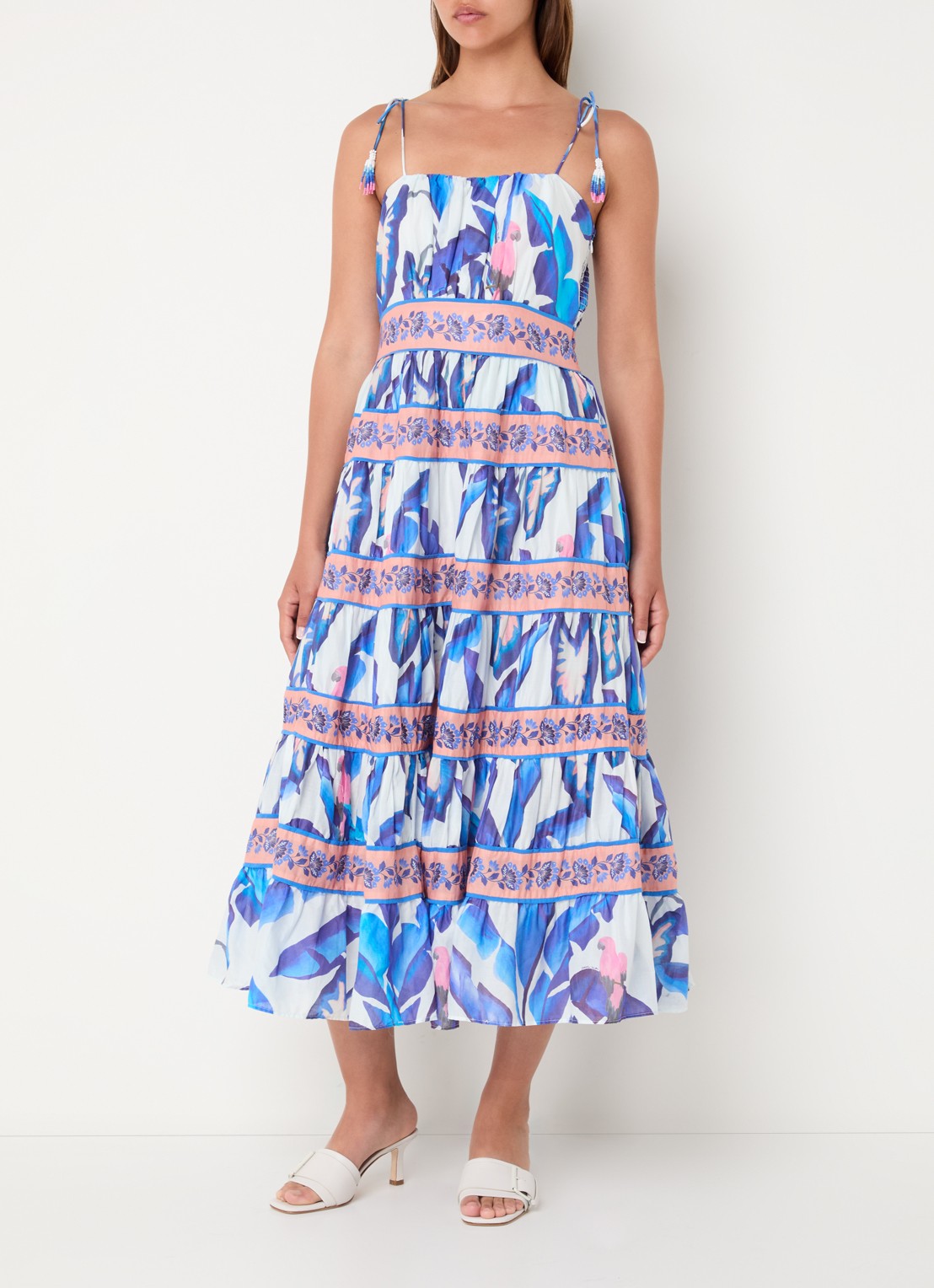 Farm Rio Foliage midi jurk met print en volant - detail blauw