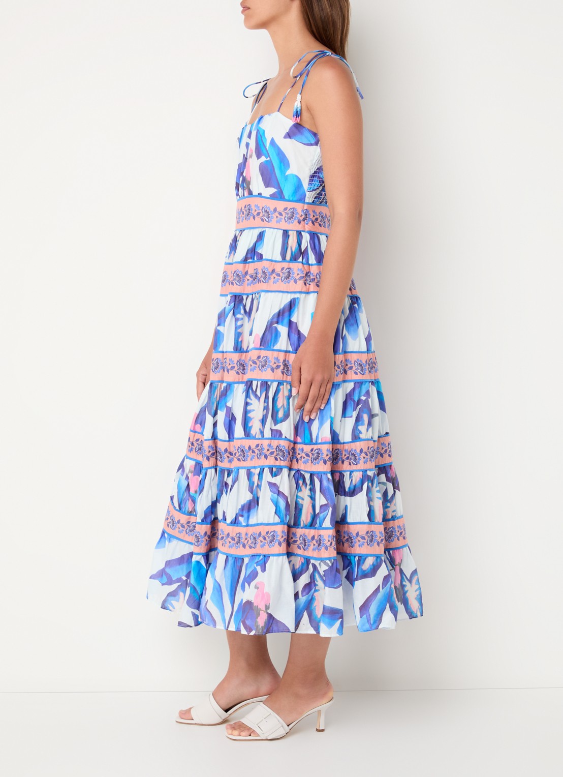 Farm Rio Foliage midi jurk met print en volant - voorkant 4 blauw