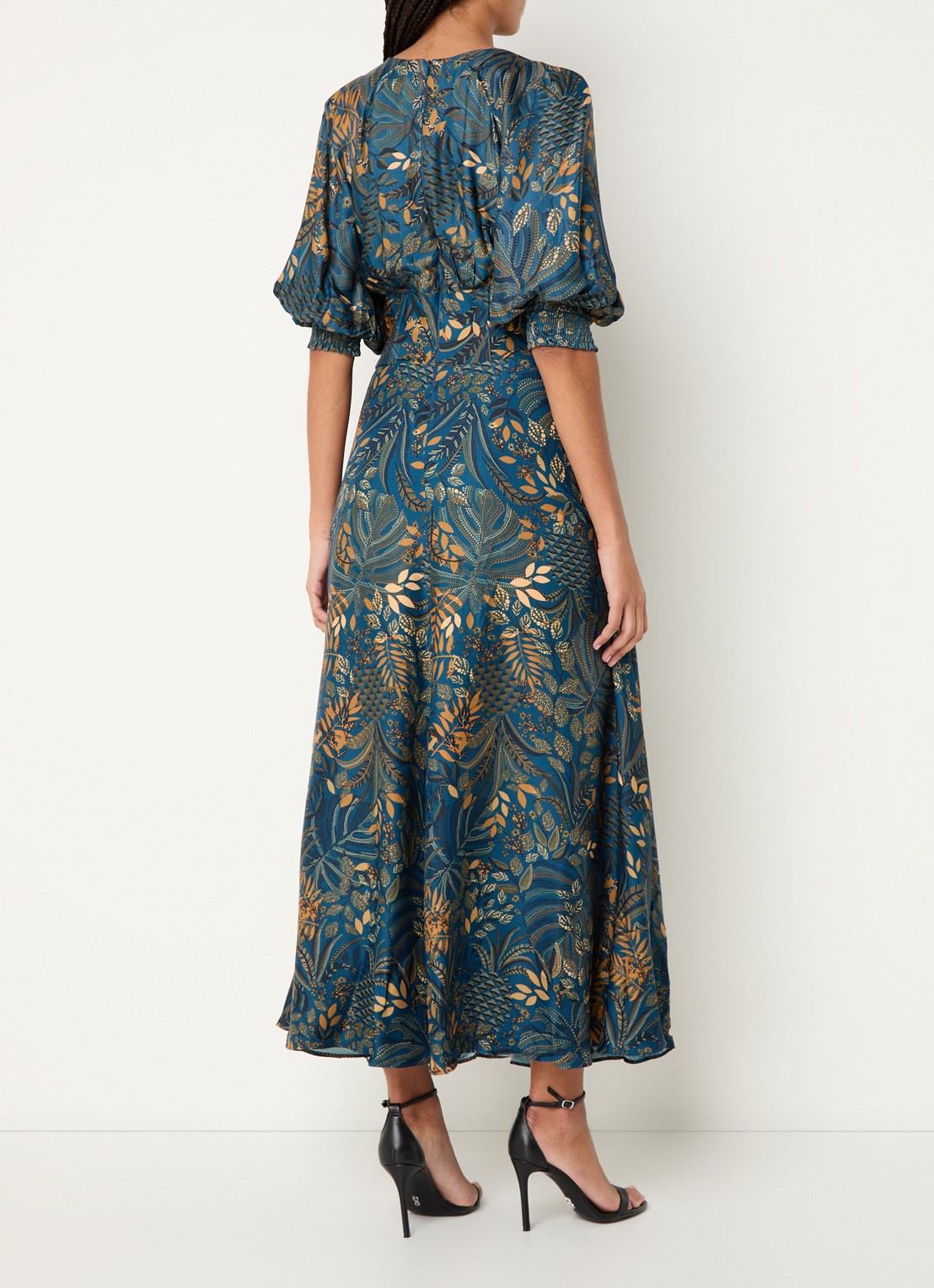 Farm Rio Forest maxi jurk van satijn met pofmouw - achterkant donkerblauw