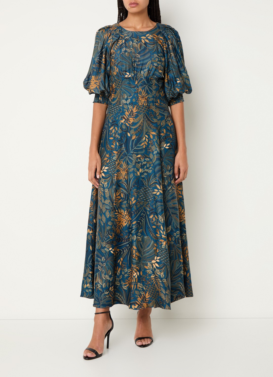 Farm Rio Forest maxi jurk van satijn met pofmouw - detail 4 donkerblauw