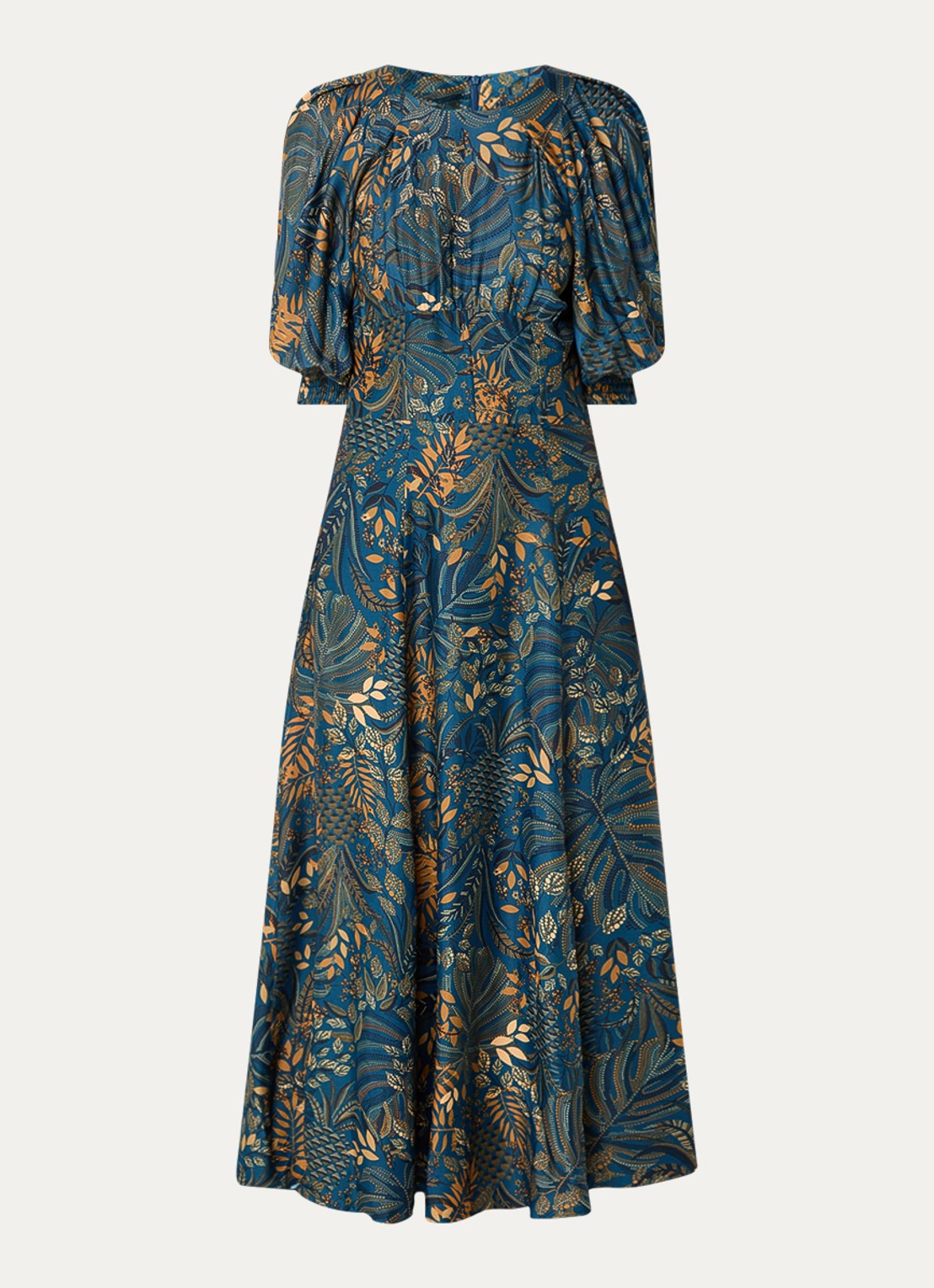 Farm Rio Forest maxi jurk van satijn met pofmouw - voorkant 2 donkerblauw
