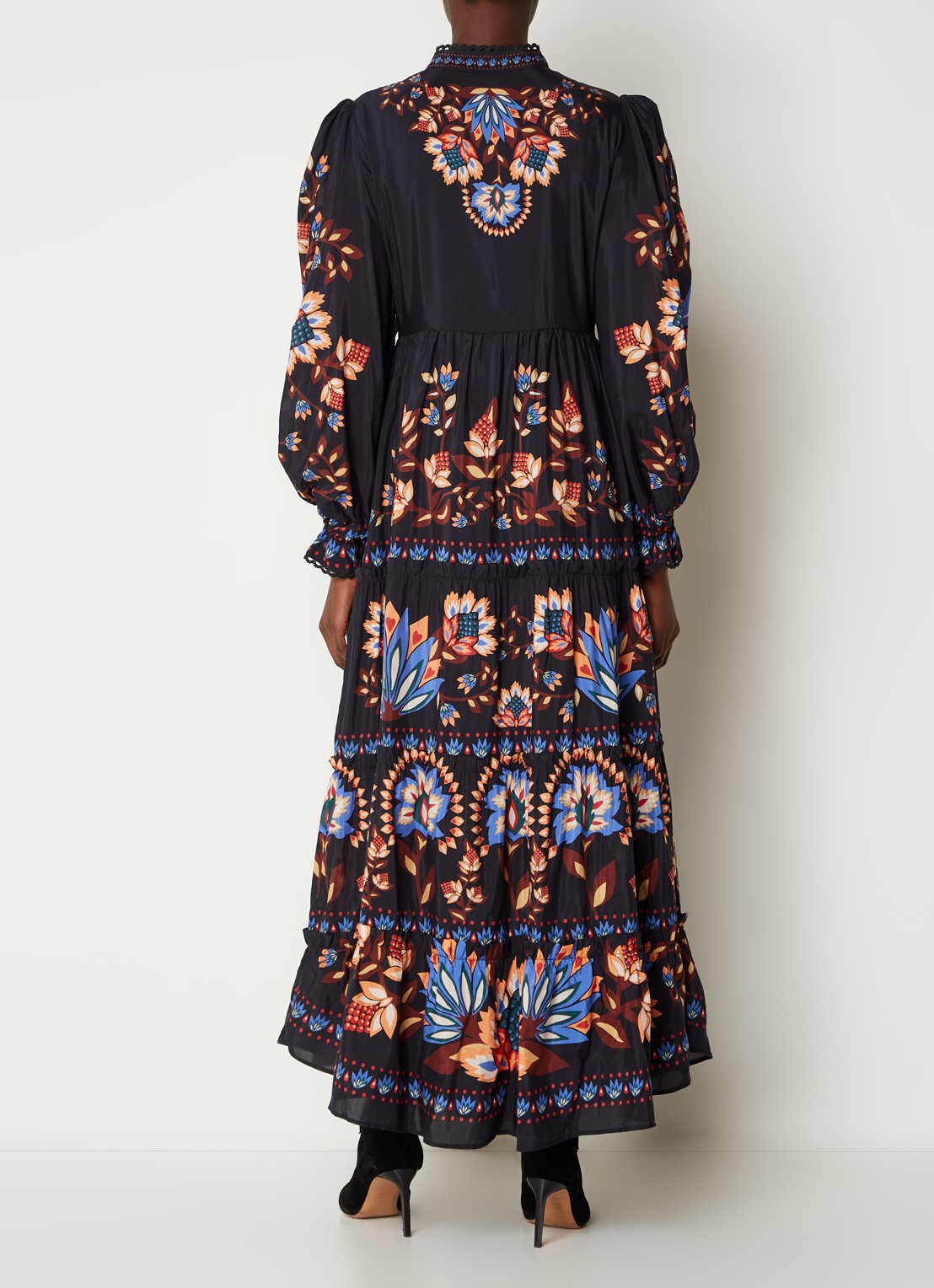 Farm Rio Garden maxi blousejurk met pofmouw en bloemenprint - achterkant 3 zwart