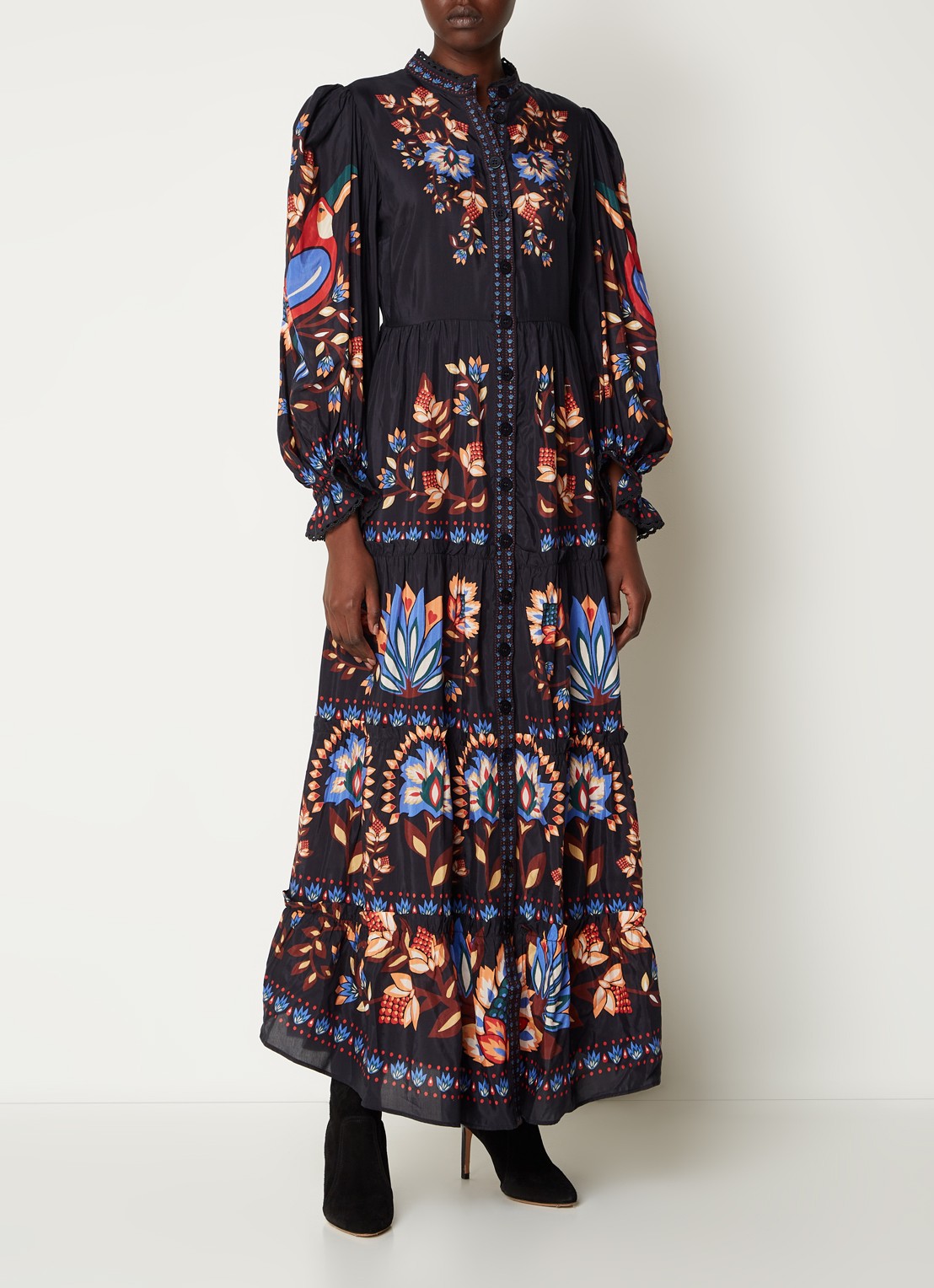 Farm Rio Garden maxi blousejurk met pofmouw en bloemenprint - detail zwart