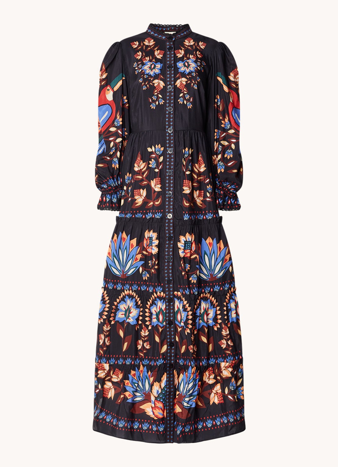 Farm Rio Garden maxi blousejurk met pofmouw en bloemenprint - voorkant 4 zwart