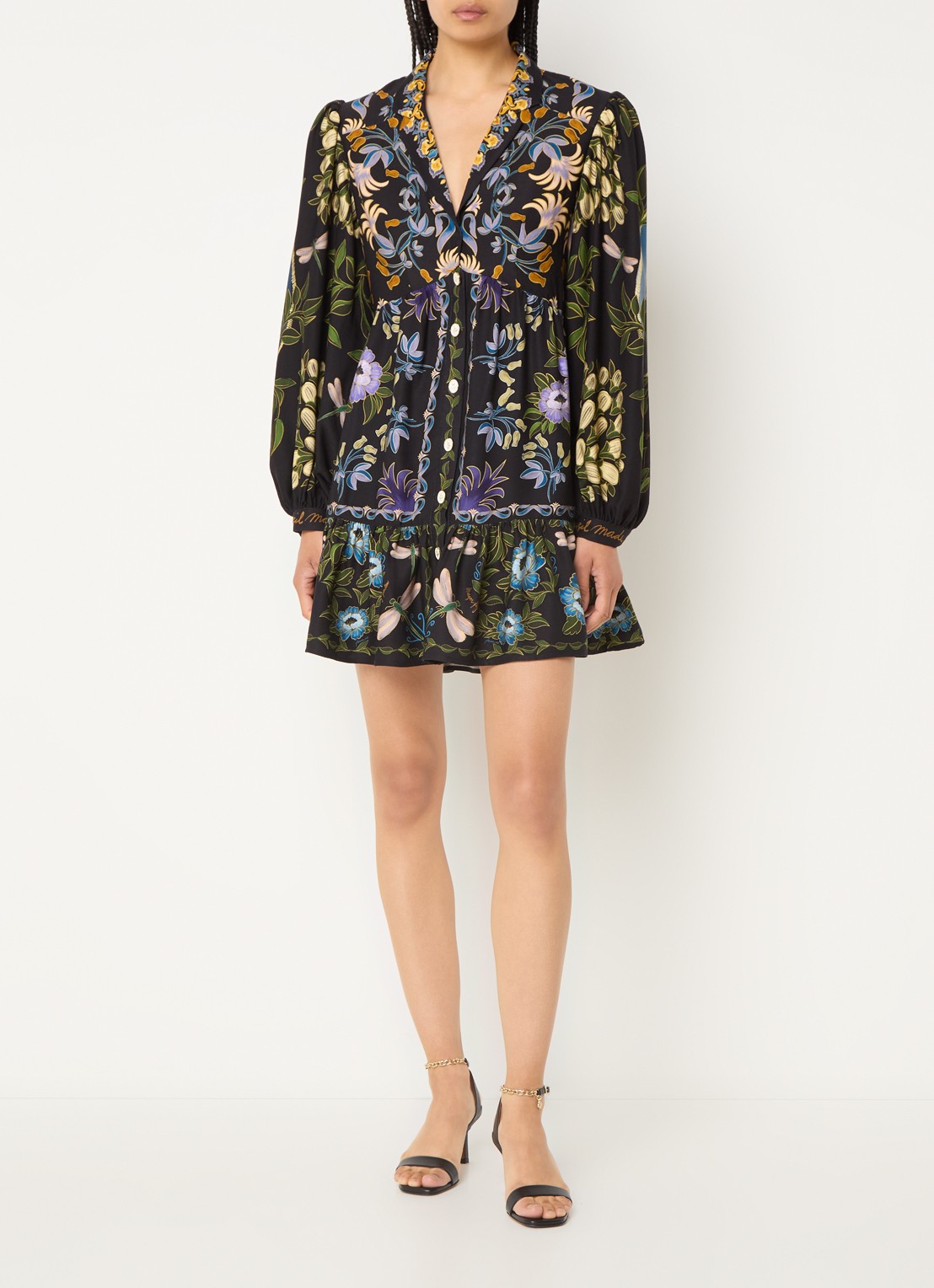 Farm Rio Garden mini blousejurk met bloemenprint - voorkant 5 zwart