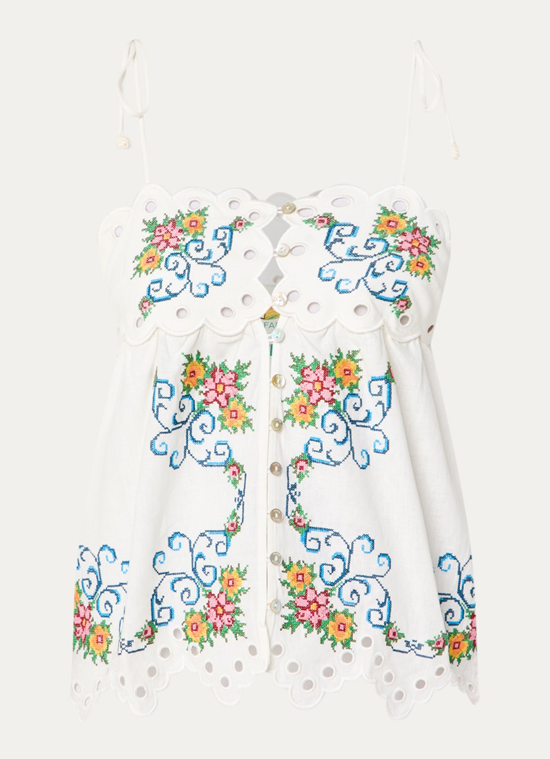 Farm Rio Grandma's Treasure top in linnenblend met bloemenborduring - voorkant 3 gebroken wit