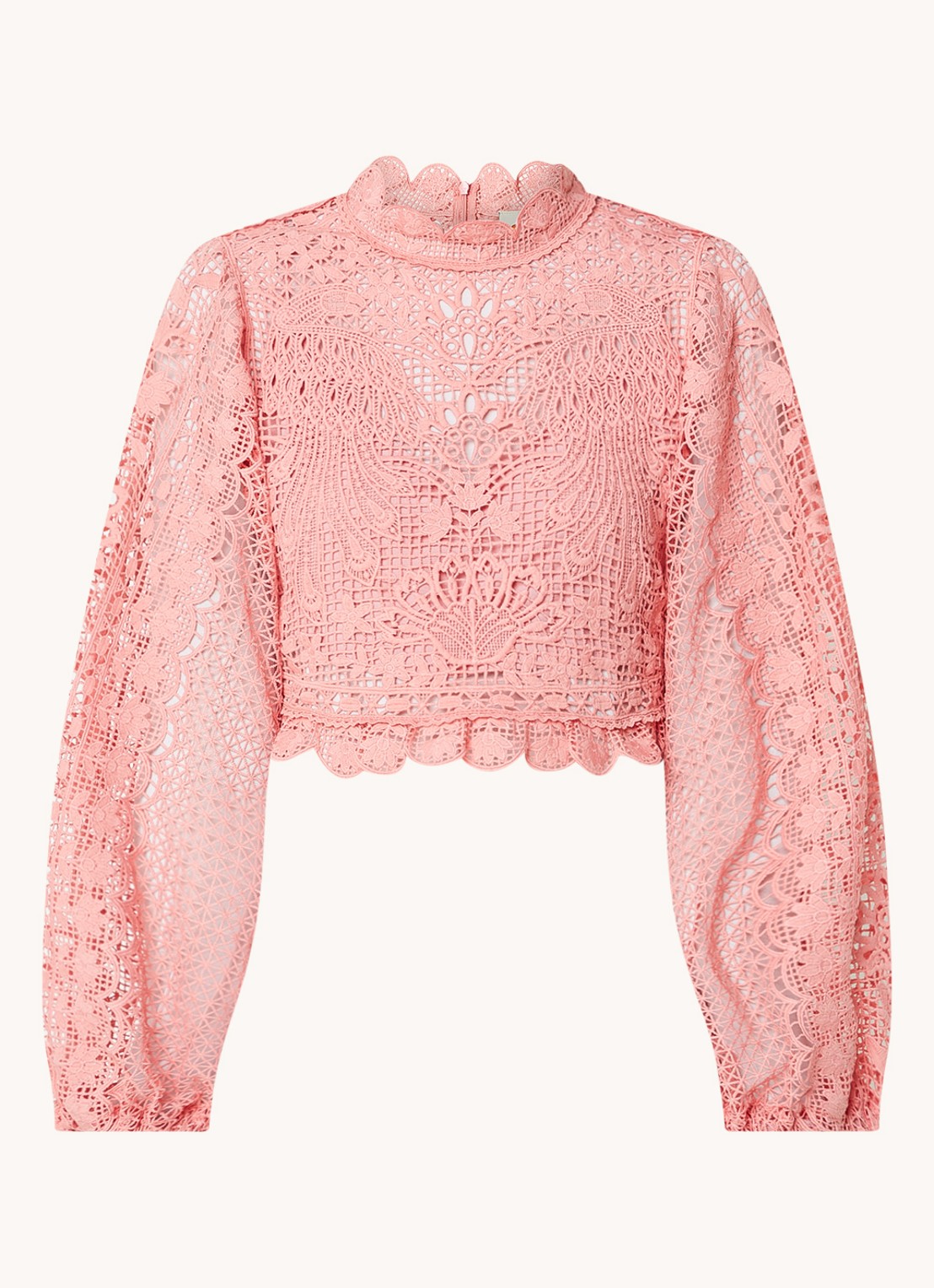 Farm Rio Guipure crop top van broderie met ballonmouw - voorkant 2 zalmroze
