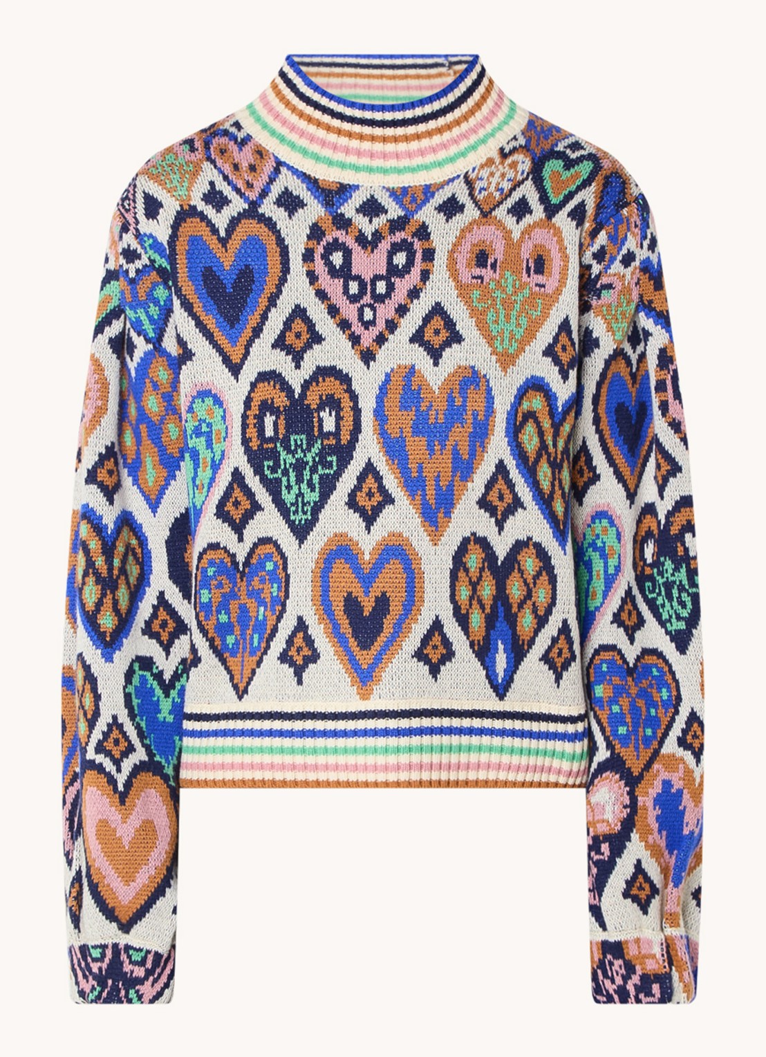 Farm Rio Hearts fijngebreide trui in merino wolblend met ingebreid patroon - voorkant creme