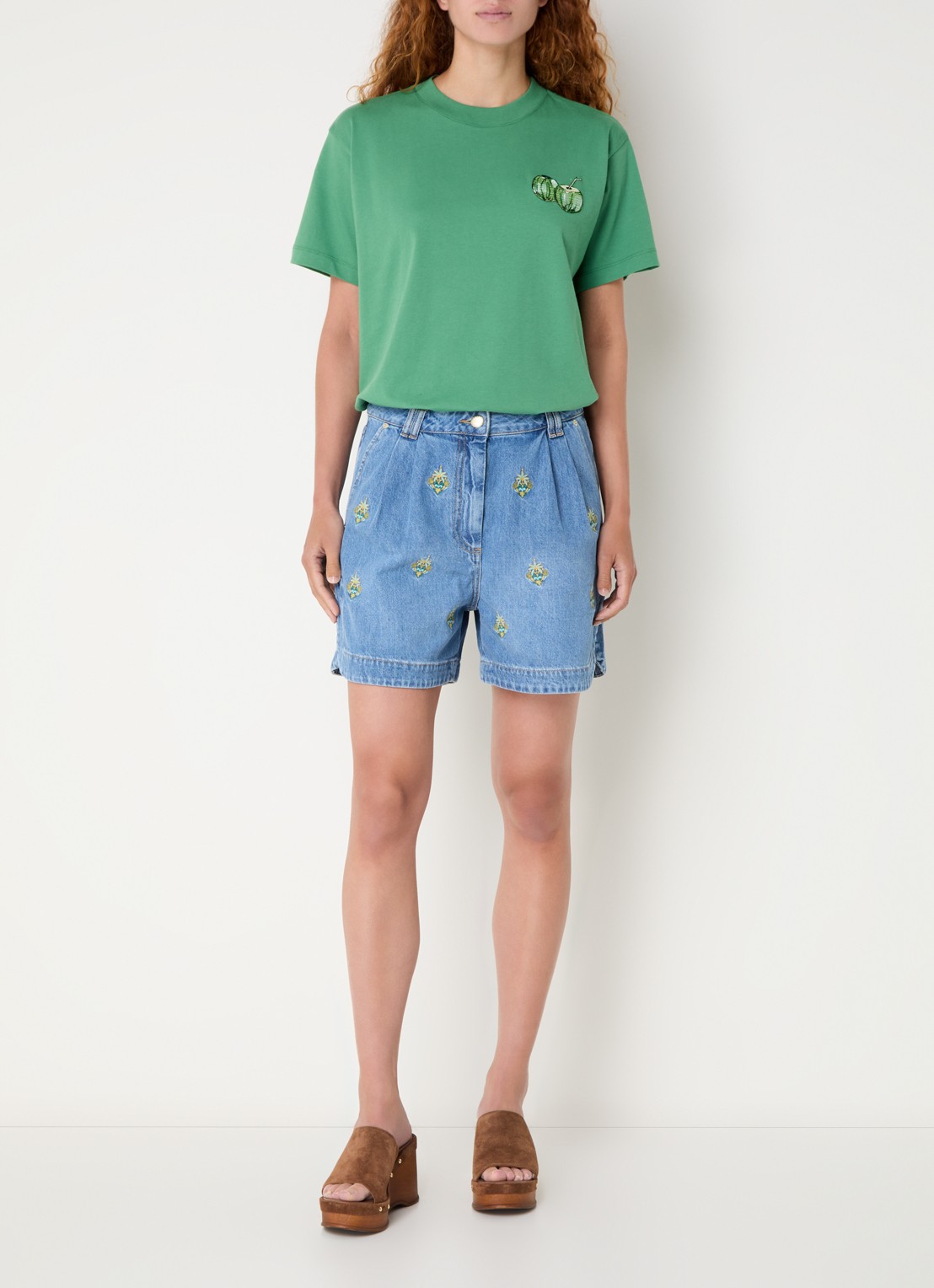 Farm Rio High waist loose fit korte broek van denim met borduring - voorkant 3 indigo