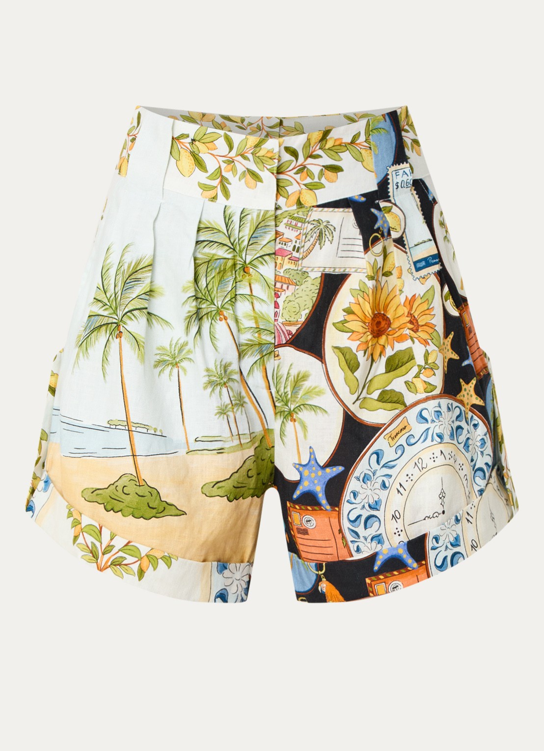 Farm Rio High waist loose fit korte broek van linnen met print - voorkant 3 beige