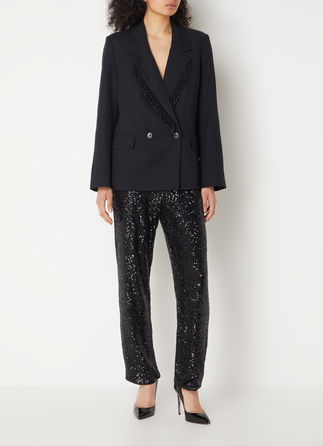 Farm Rio High waist straight fit pantalon met pailletten en steekzakken - voorkant 3 zwart