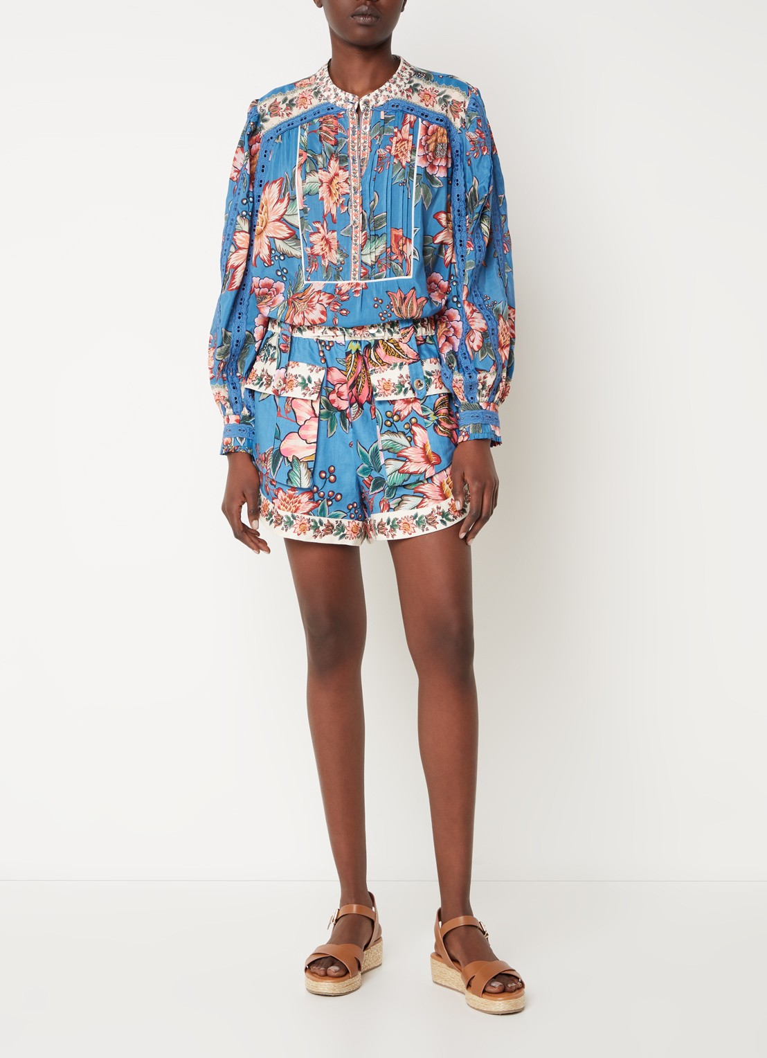 Farm Rio High waist wide fit korte broek van linnen met bloemenprint  - voorkant 2 staalblauw