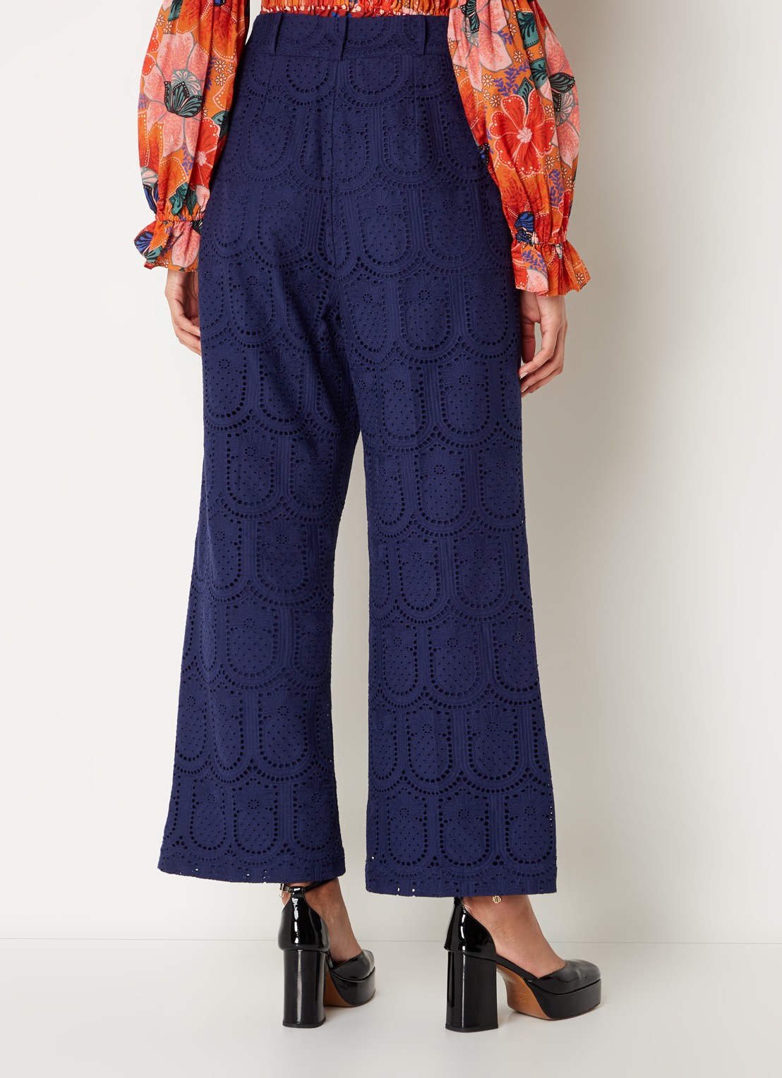 Farm Rio High waist wide fit pantalon met broderie en steekzakken - achterkant 3 donkerblauw