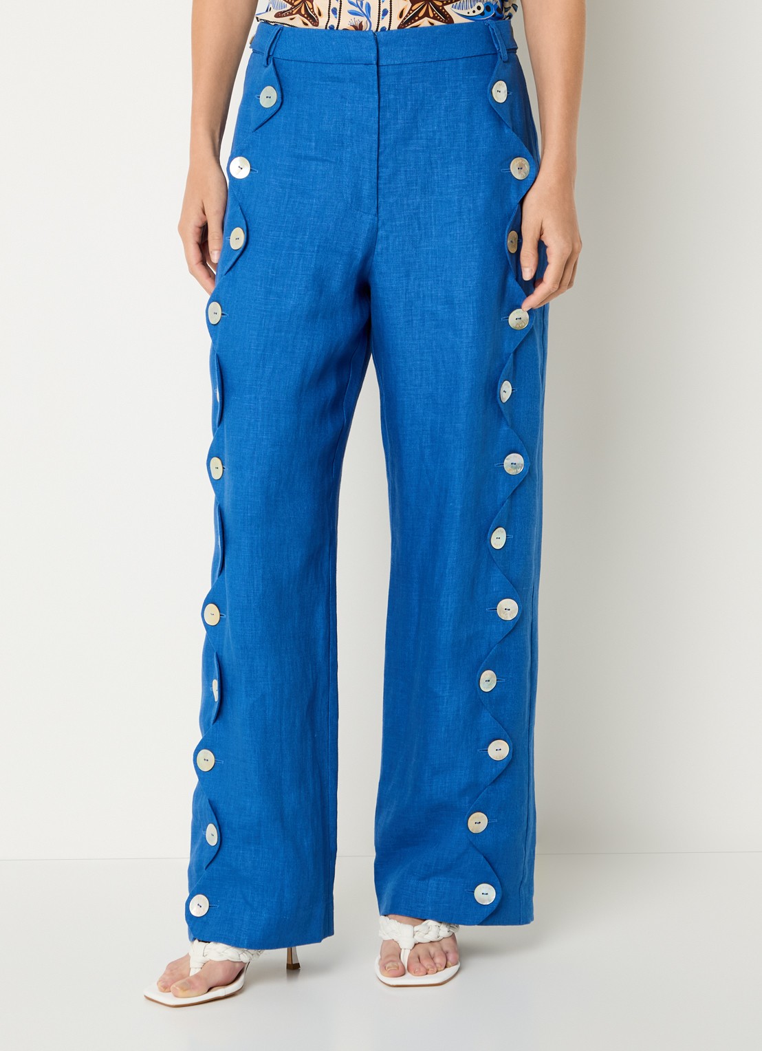 Farm Rio High waist wide fit pantalon van linnen - detail donkerblauw