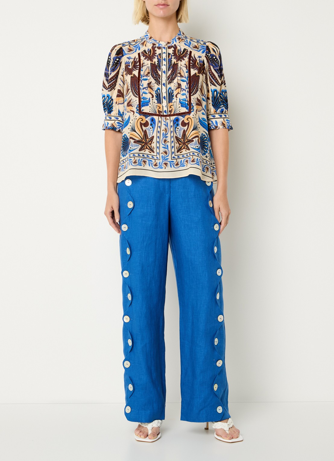 Farm Rio High waist wide fit pantalon van linnen - voorkant 3 donkerblauw