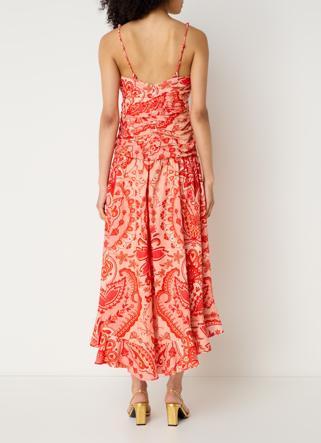 Farm Rio Jaipur midi jurk in linnenblend met bloemenprint - achterkant koraalrood