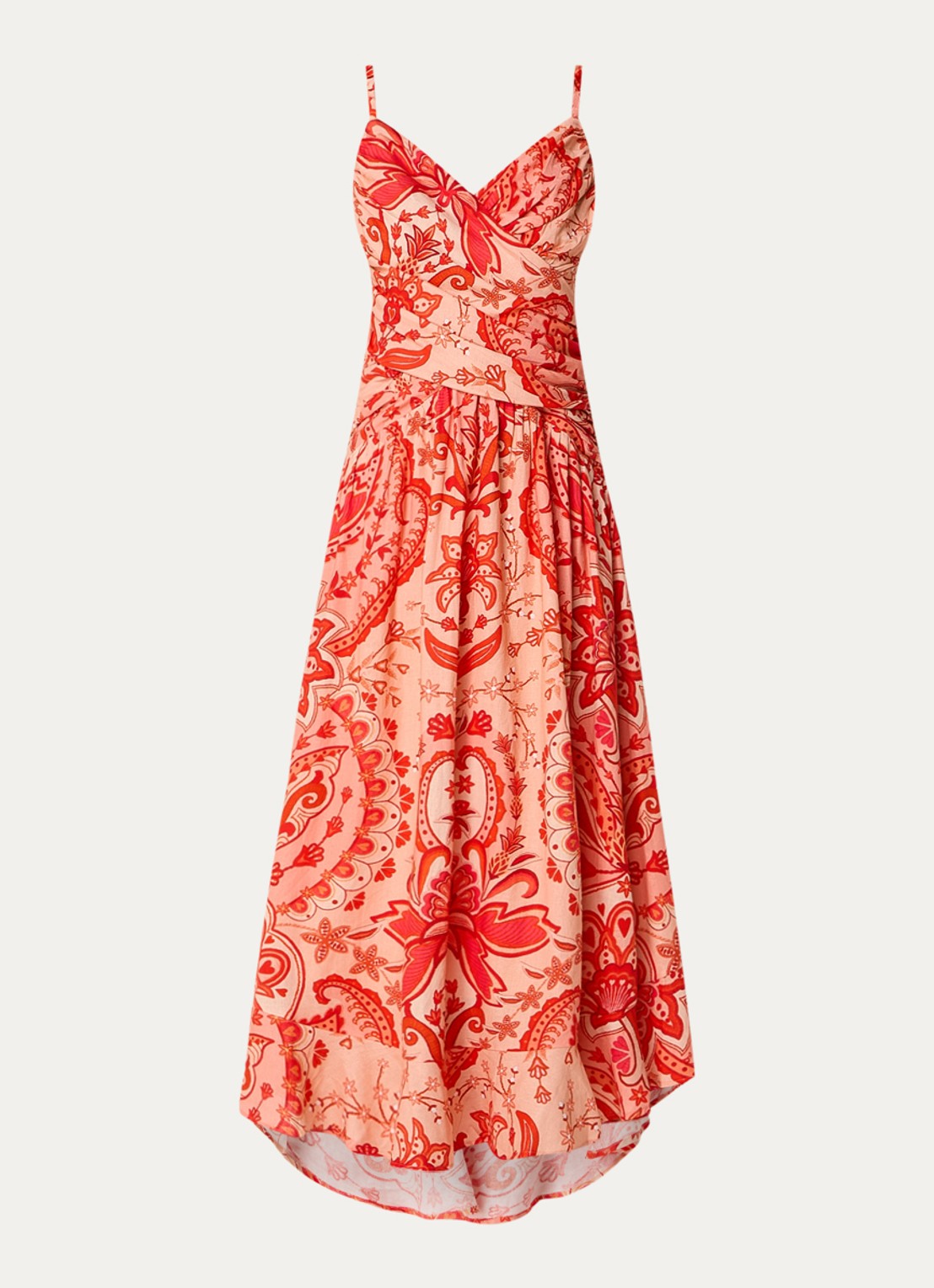 Farm Rio Jaipur midi jurk in linnenblend met bloemenprint - voorkant 4 koraalrood