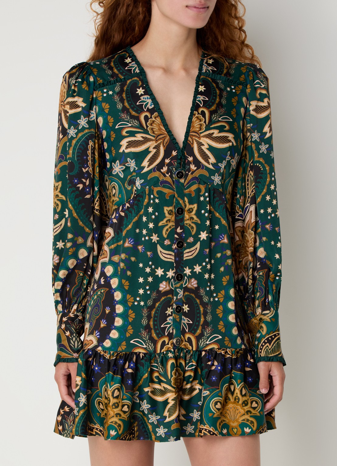 Farm Rio Jaipur mini blousejurk met print en ruches - detail groen