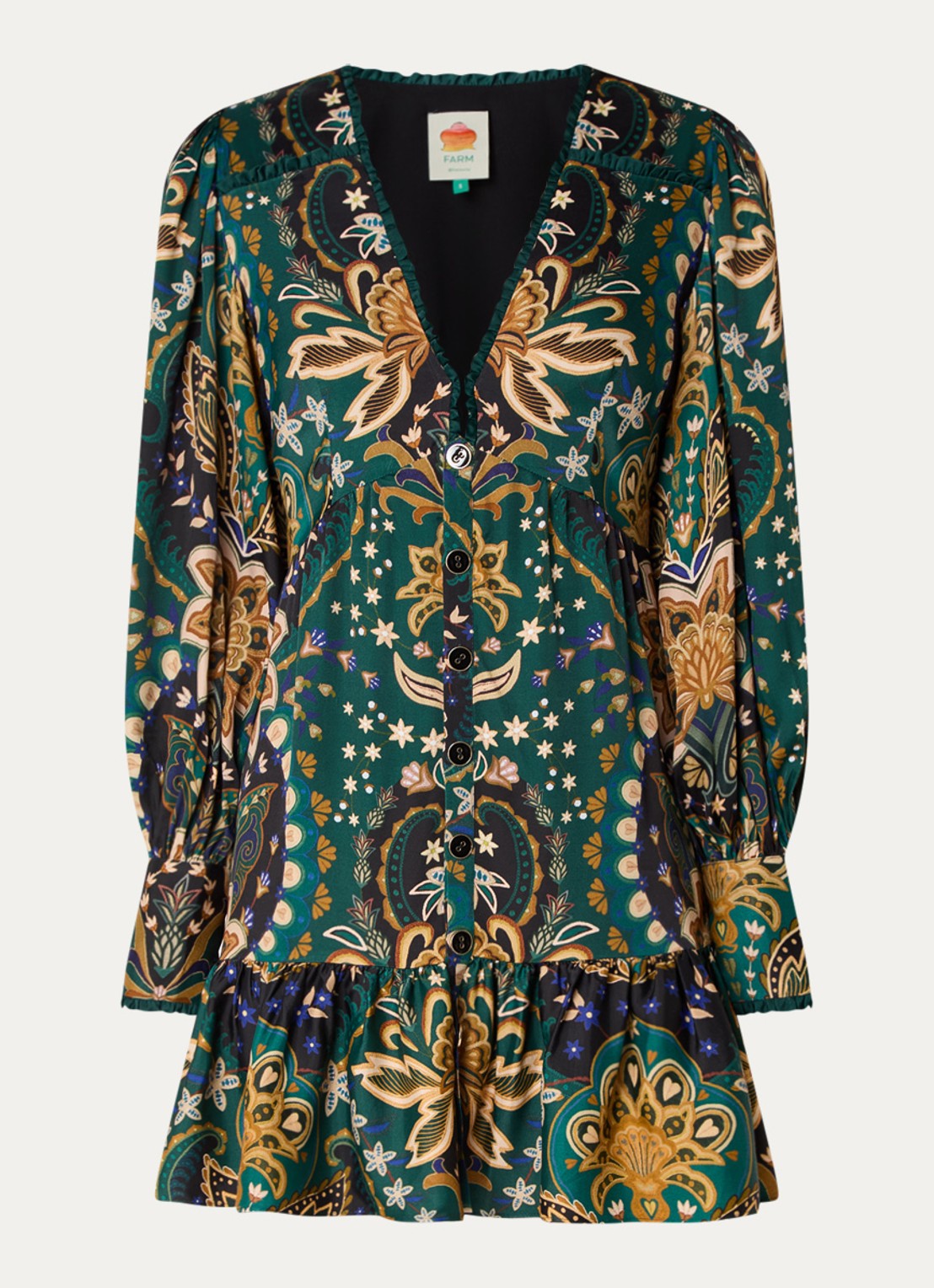 Farm Rio Jaipur mini blousejurk met print en ruches - voorkant 2 groen