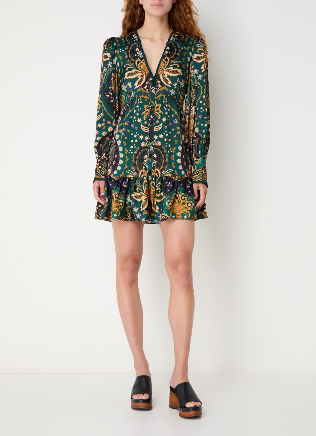 Farm Rio Jaipur mini blousejurk met print en ruches - voorkant 3 groen